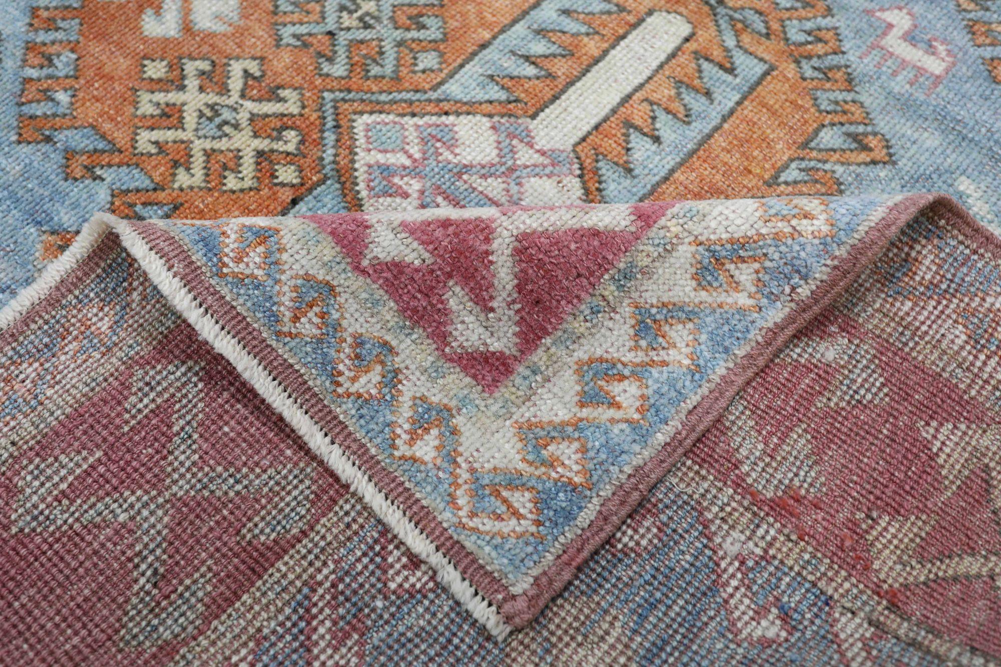 20ième siècle Petit tapis turc Anatoly - Design en laine bleu orange rose - 93159 en vente