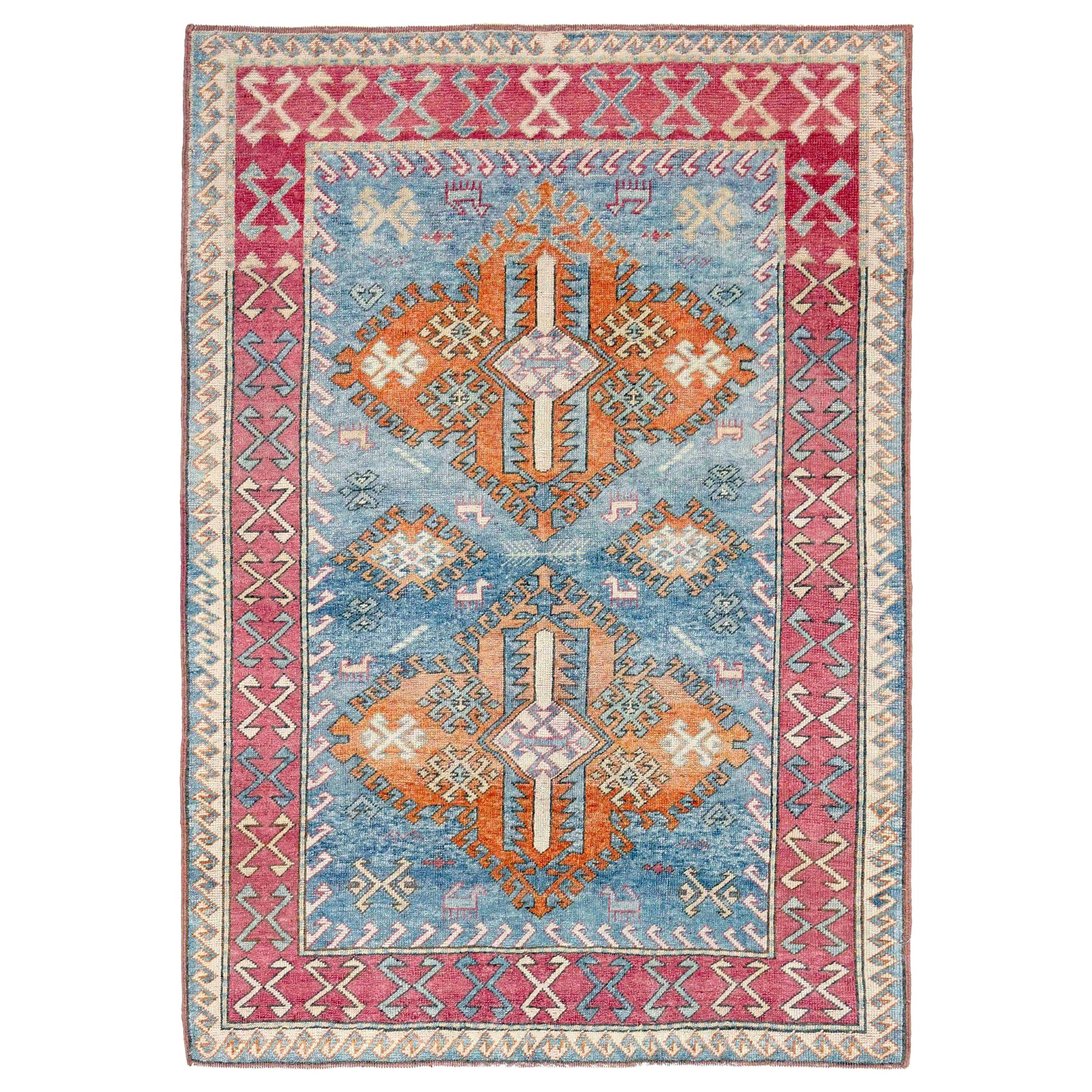 Turkey Anatoly Small Rug - Wool Blue Orange Pink Design - 93159