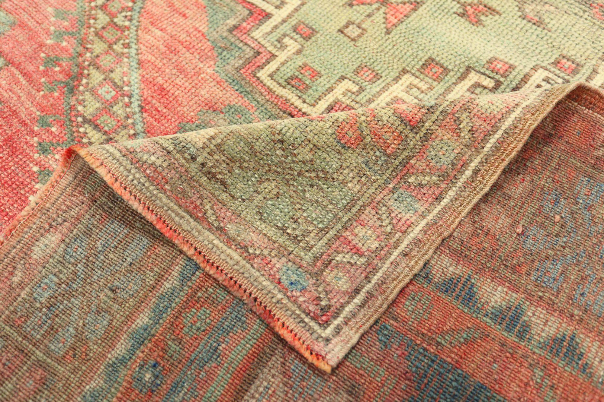 Türkischer Anatoly Kleiner Teppich - Wolle Grün Elfenbein Rosa Rot Design - 93181 im Angebot 1