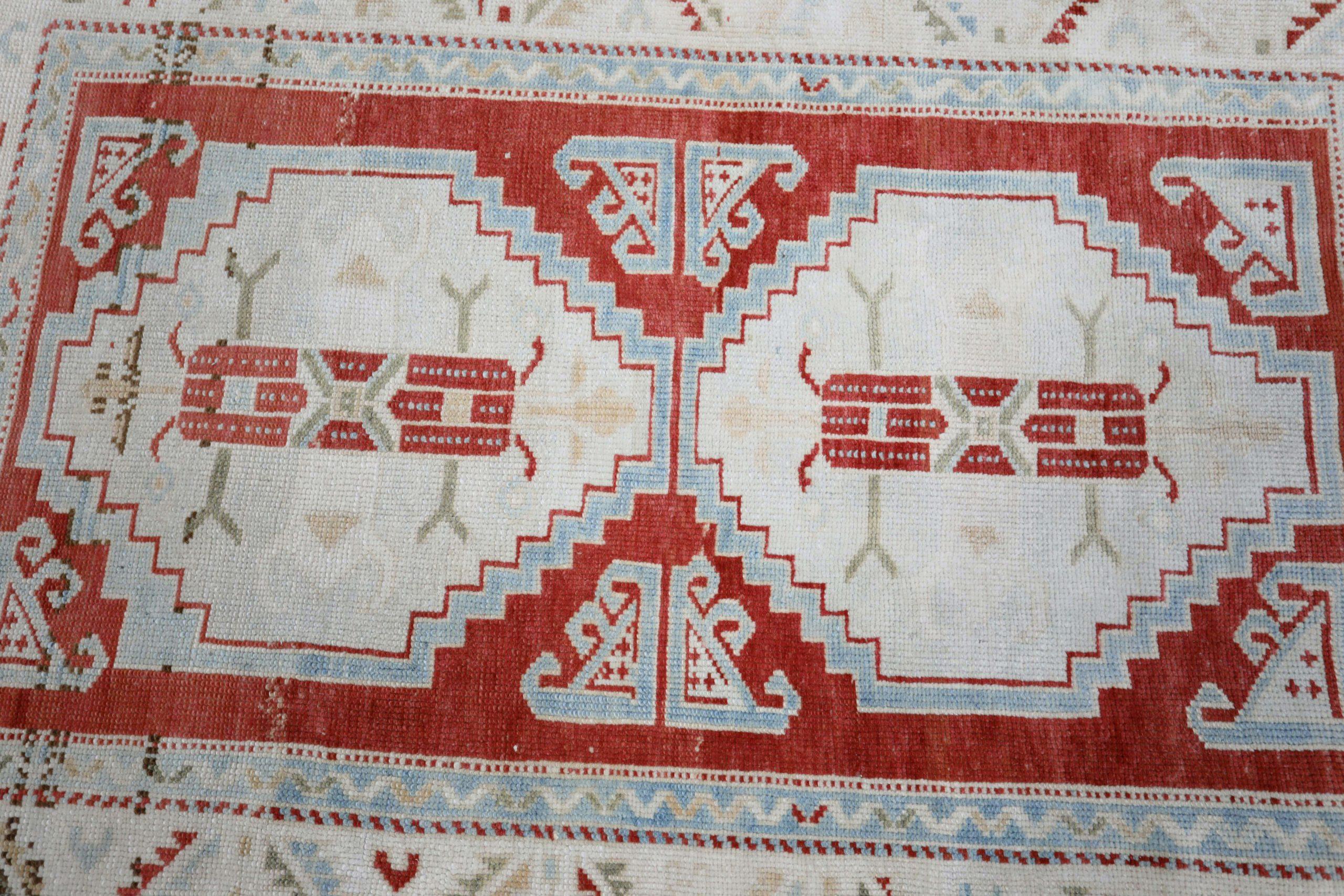 Türkischer Anatoly Kleiner Teppich - Wolle Elfenbein Hellblau Rot Design - 93241 im Angebot 1