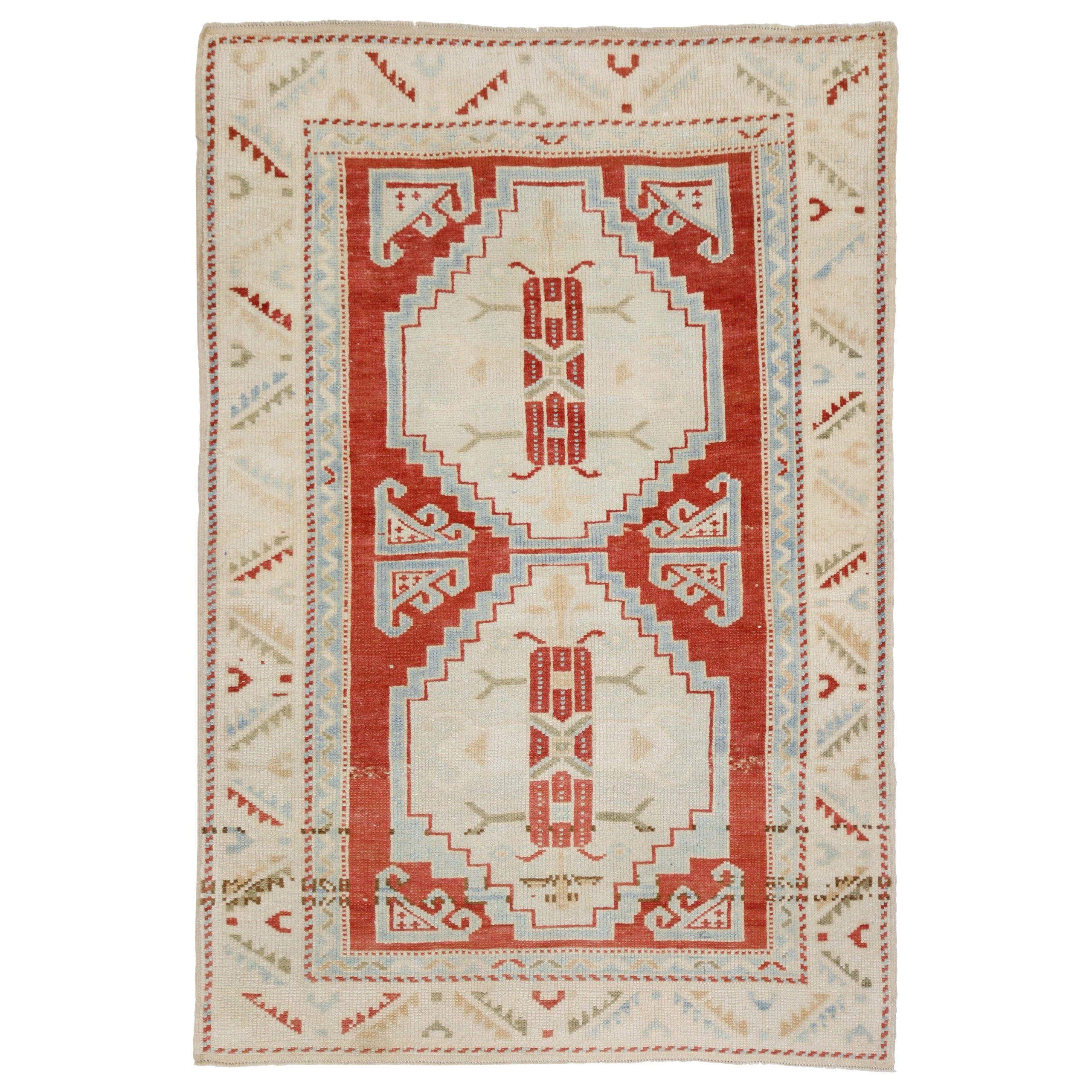 Türkischer Anatoly Kleiner Teppich - Wolle Elfenbein Hellblau Rot Design - 93241