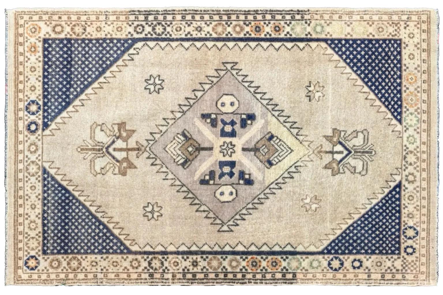 Tribal Turkey Anatoly Small Rug - Wool Ivory Navy Blue Design - 93238 For Sale