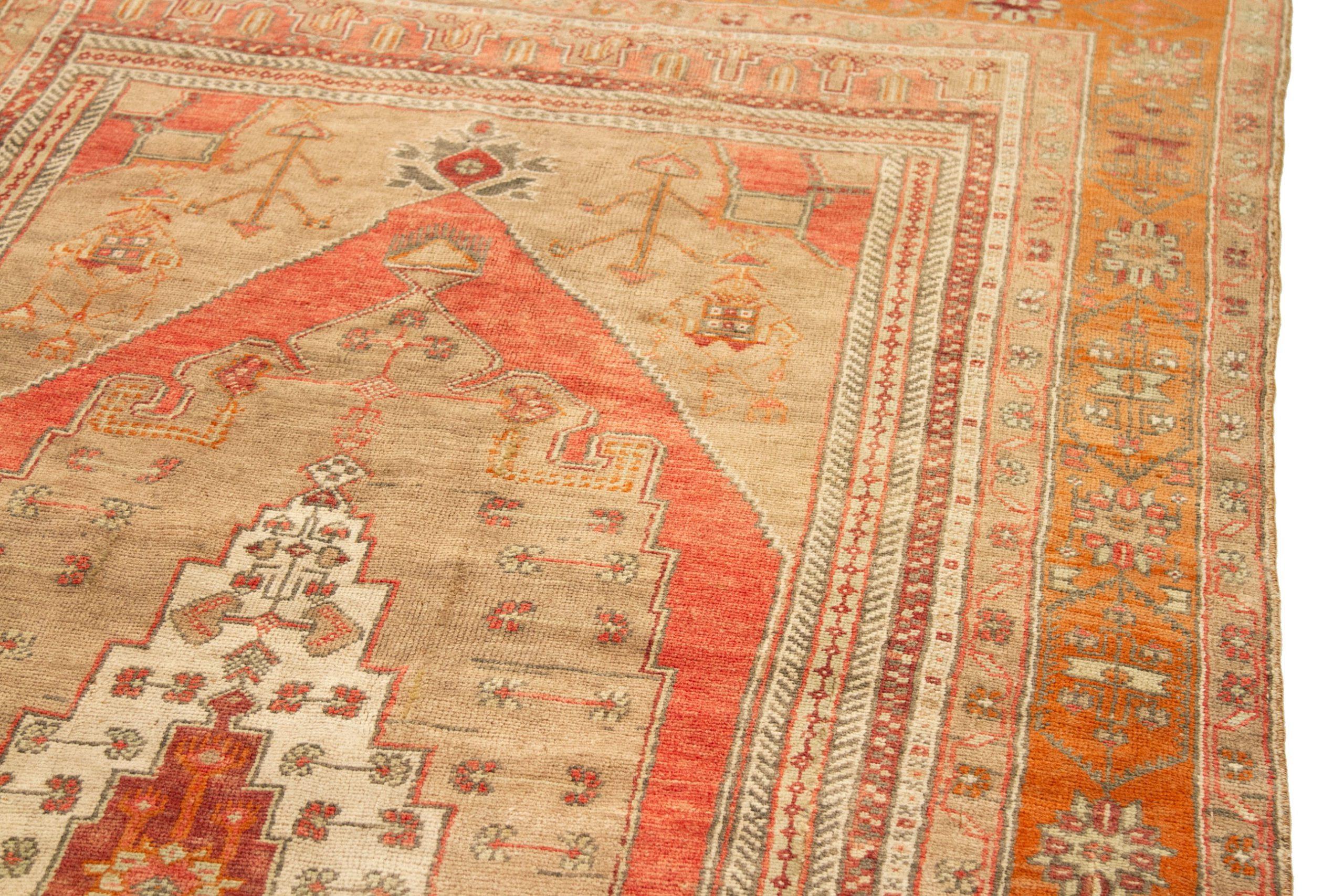 20ième siècle Petit tapis turc Anatoly - Laine ivoire orange rose taupe - 92753 en vente