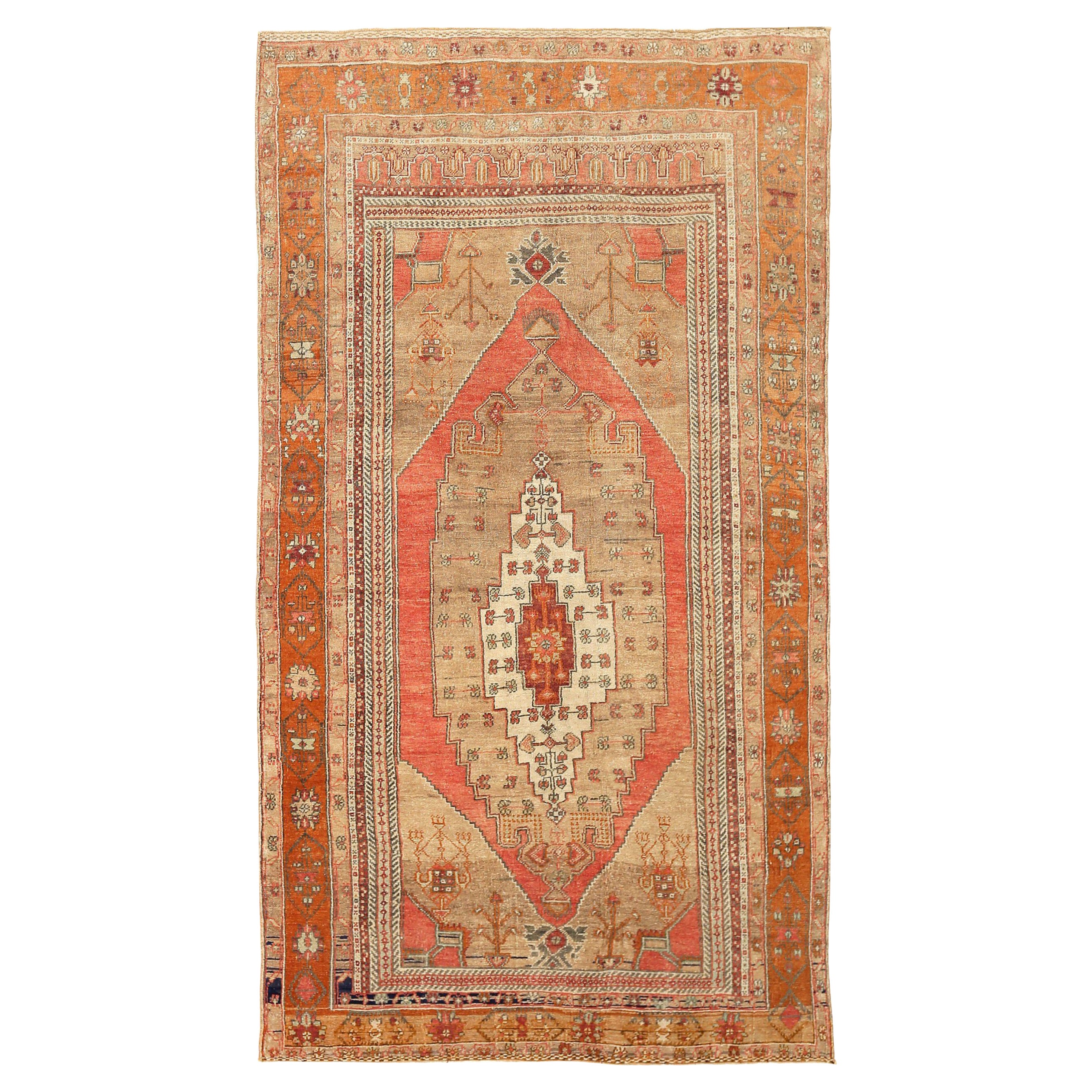 Petit tapis turc Anatoly - Laine ivoire orange rose taupe - 92753 en vente