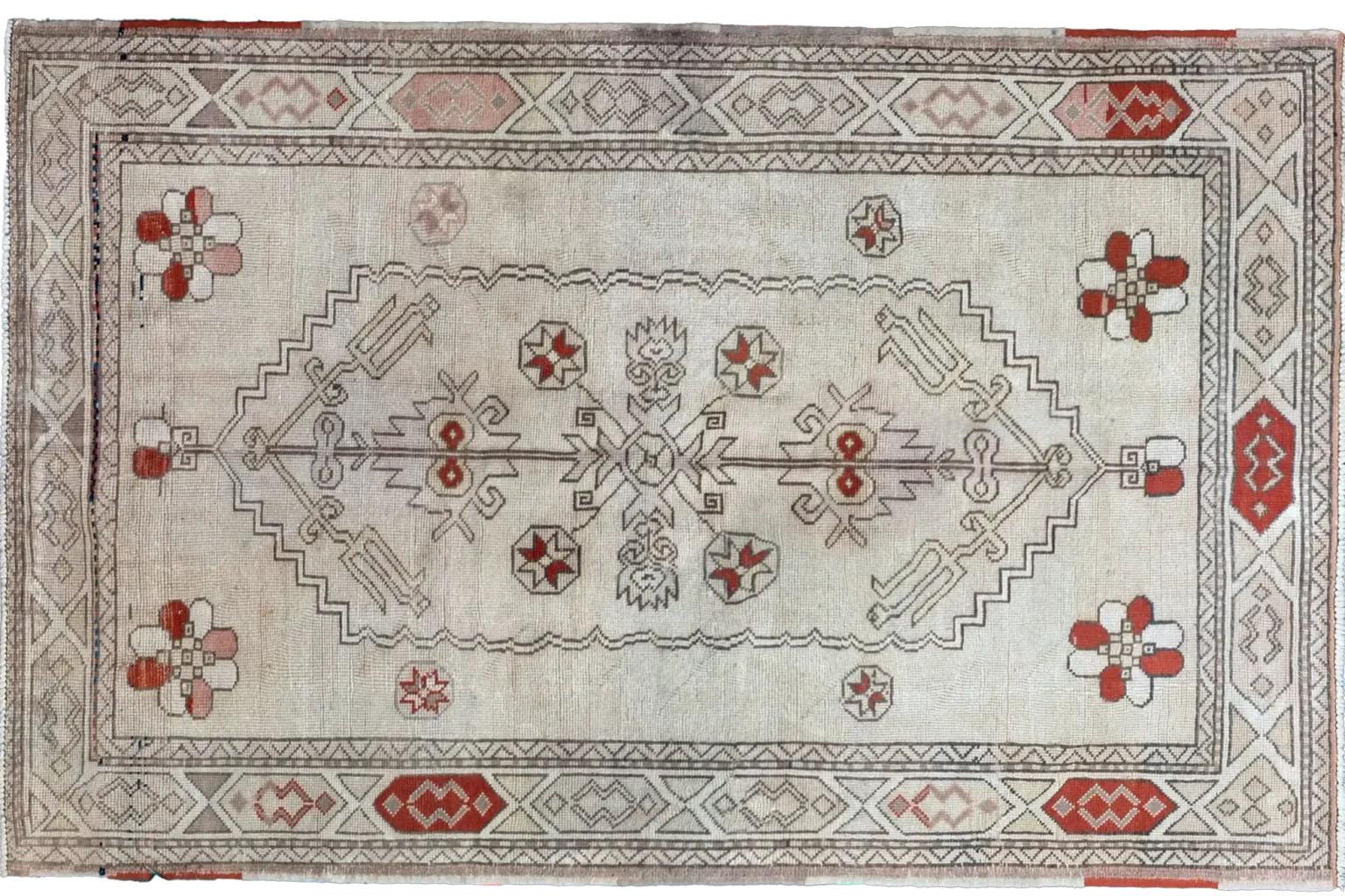 Tribal Turkey Anatoly Small Rug - Wool Ivory Red Design For Sale