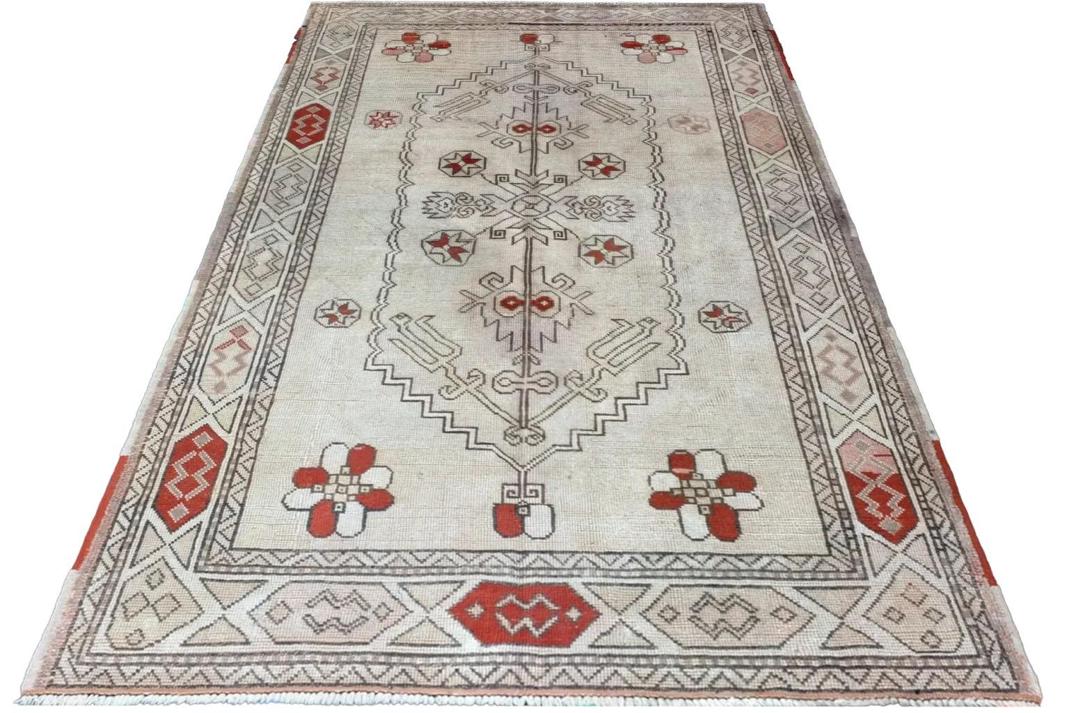 Turkish Turkey Anatoly Small Rug - Wool Ivory Red Design For Sale