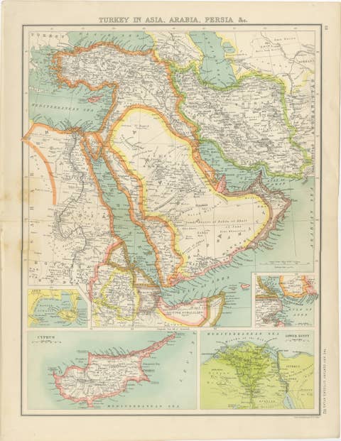 Turkey in Asia, Arabia & Persia Map with Cyprus and Egypt Insets c.1902