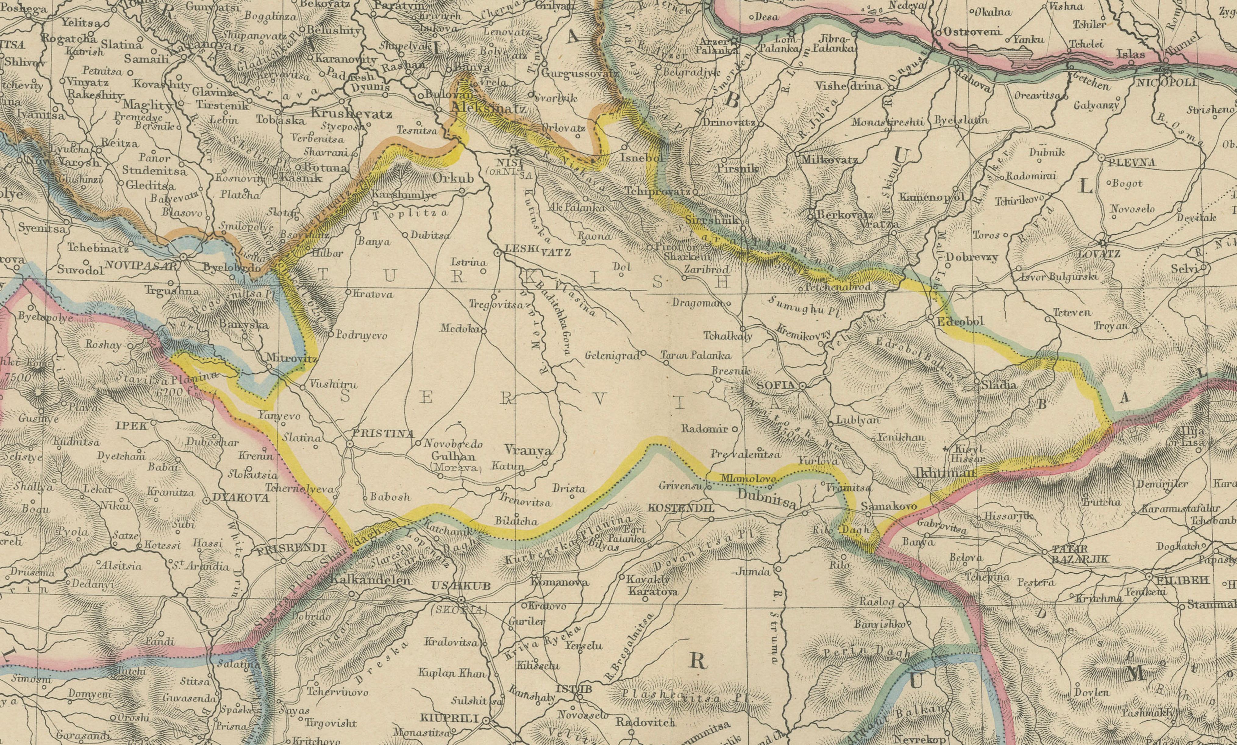 Turkey in Europe & Balkans Map, Antique Hand-Colored Map, 1860