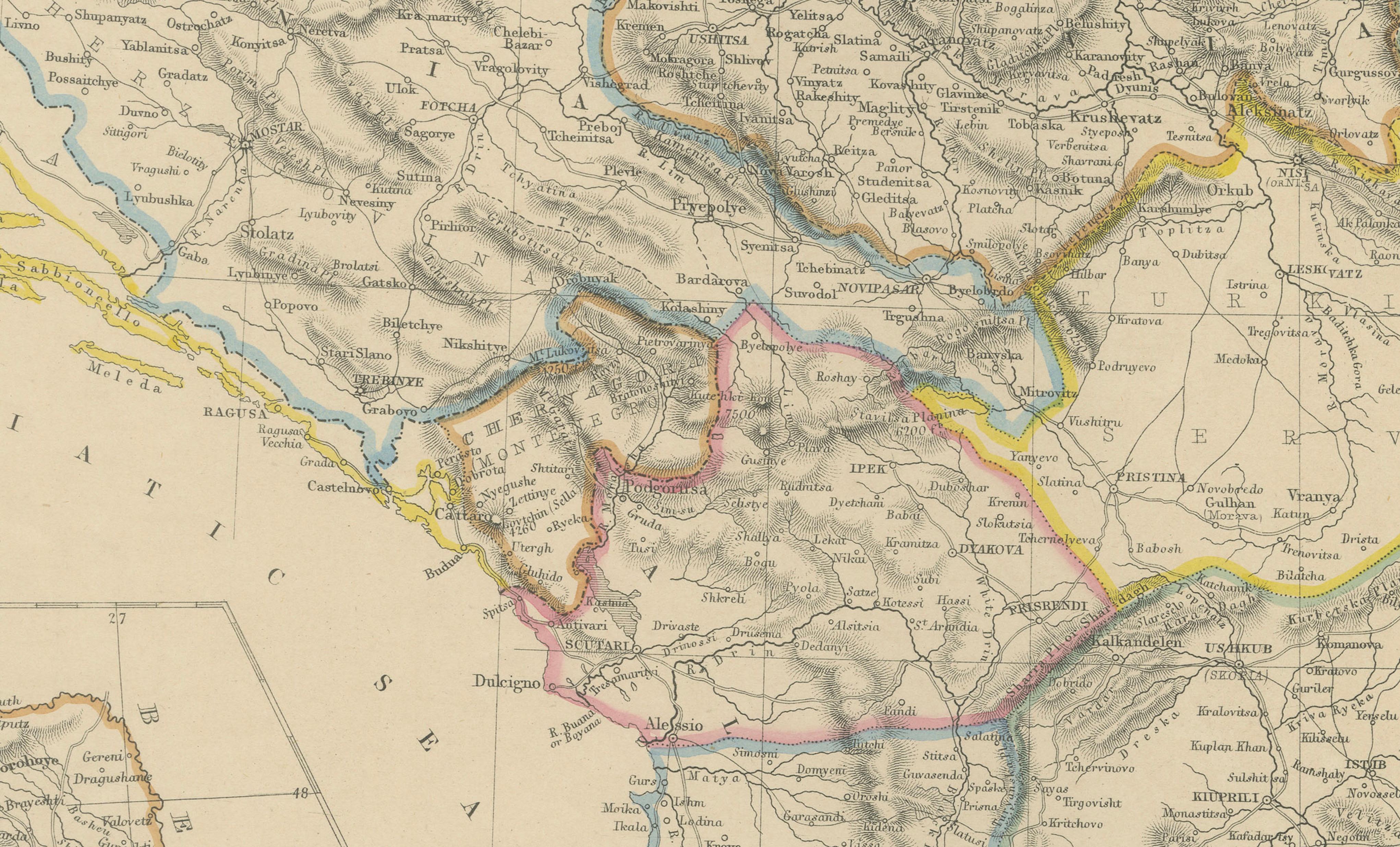 Turkey in Europe & Balkans Map, Antique Hand-Colored Map, 1860