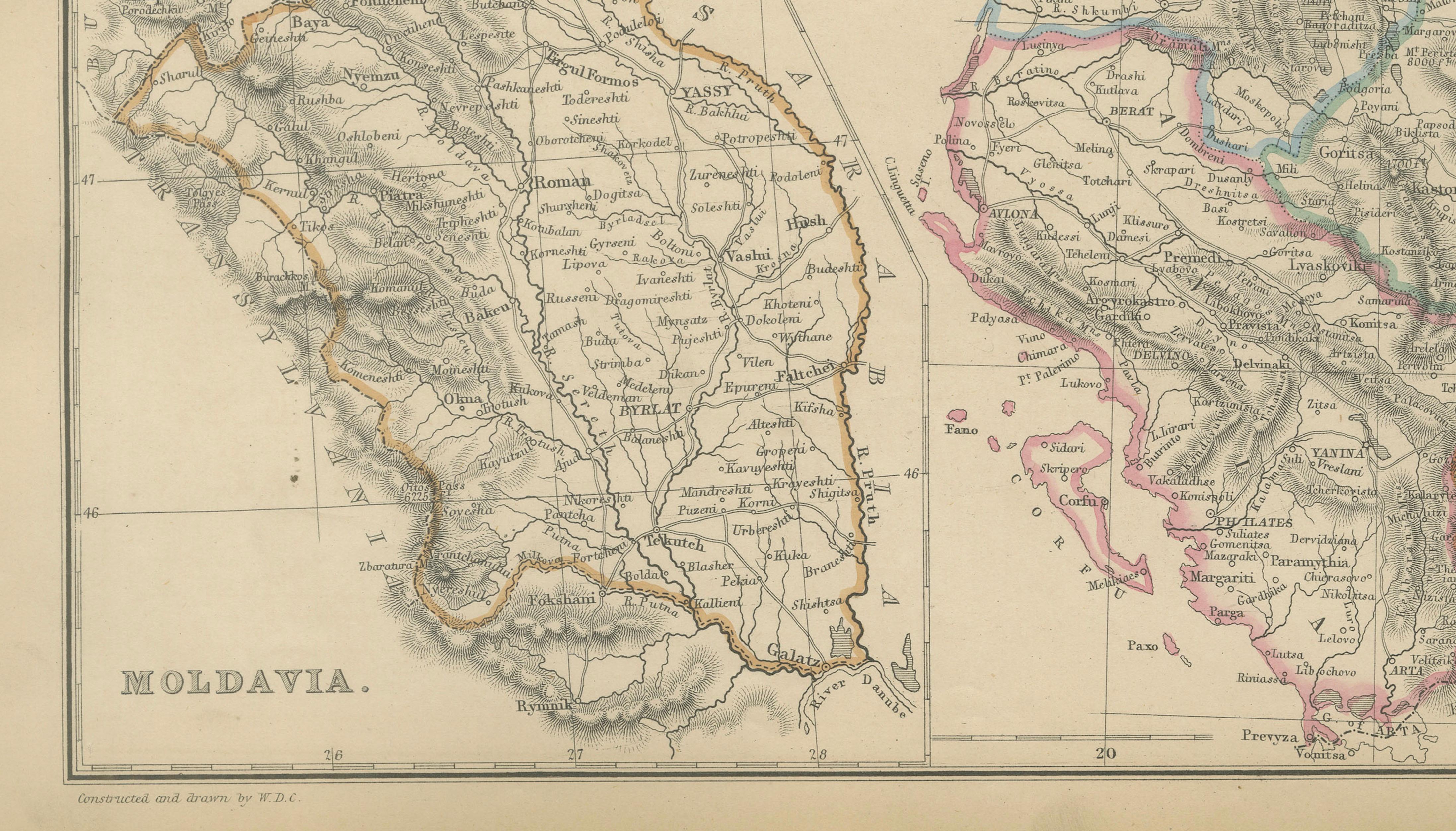 Turkey in Europe & Balkans Map, Antique Hand-Colored Map, 1860