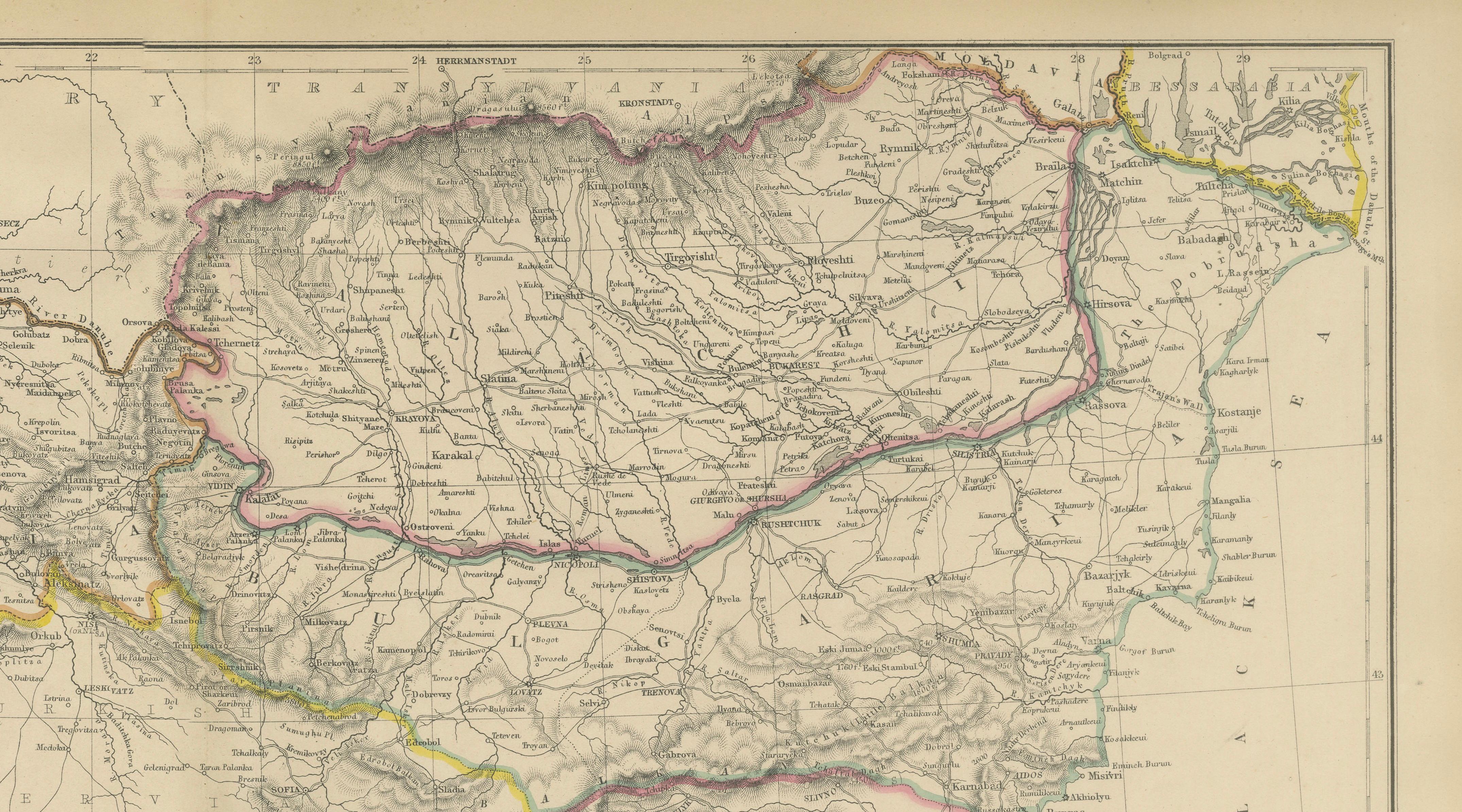 Turkey in Europe & Balkans Map, Antique Hand-Colored Map, 1860