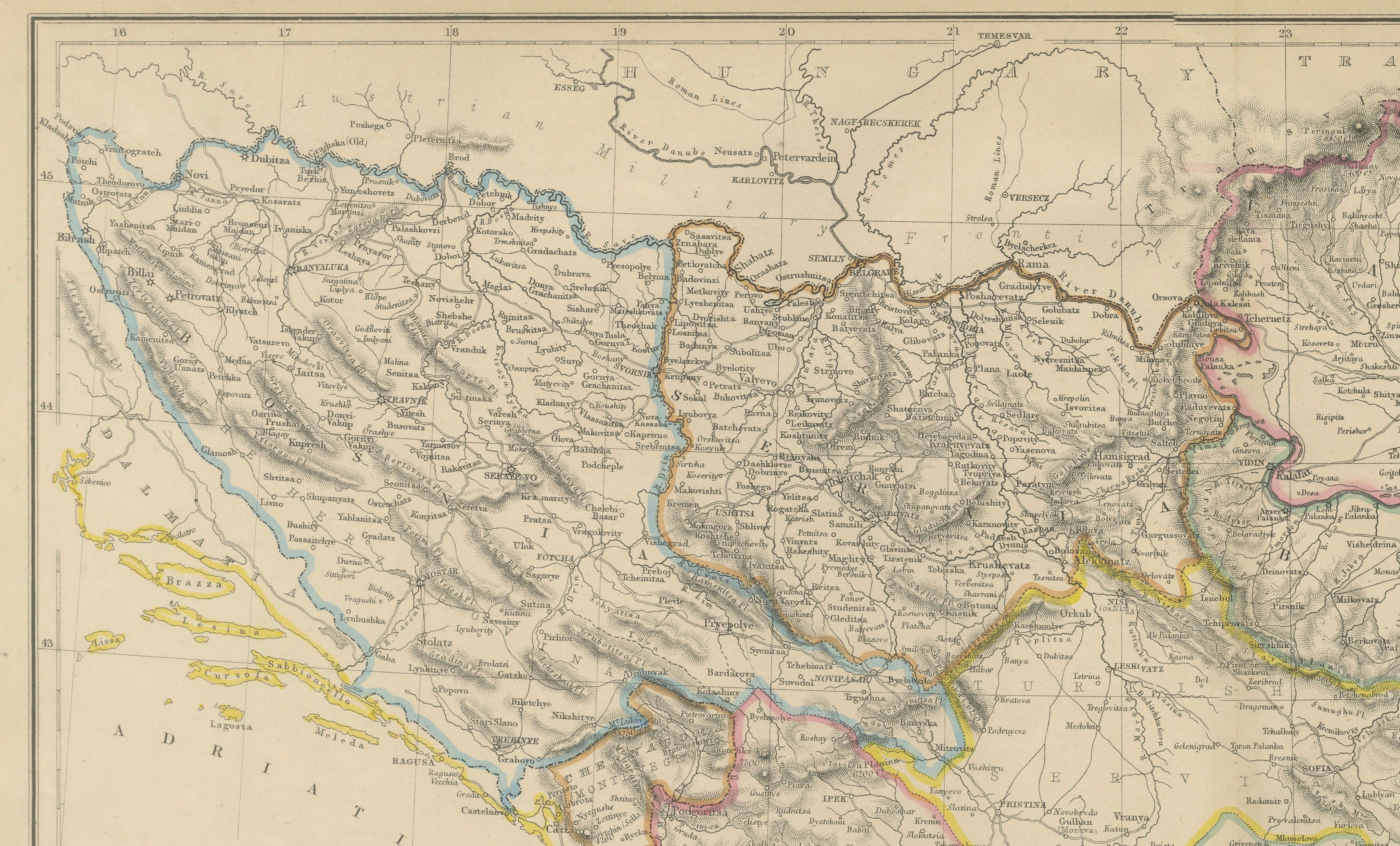 Turkey in Europe & Balkans Map, Antique Hand-Colored Map, 1860