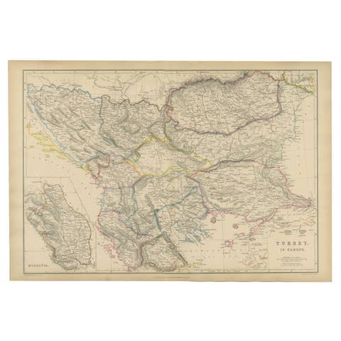 Turkey in Europe & Balkans Map, Antique Hand-Colored Map, 1860