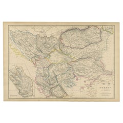 Turkey in Europe & Balkans Map, Antique Hand-Colored Map, 1860