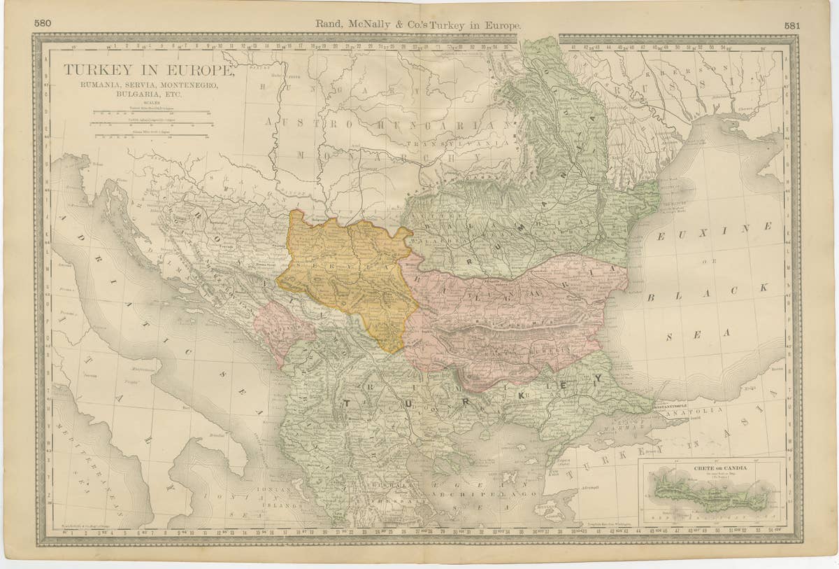Turkey in Europe Map – Balkans, Rumelia, Serbia, Bulgaria, Rand McNally, ca.1888