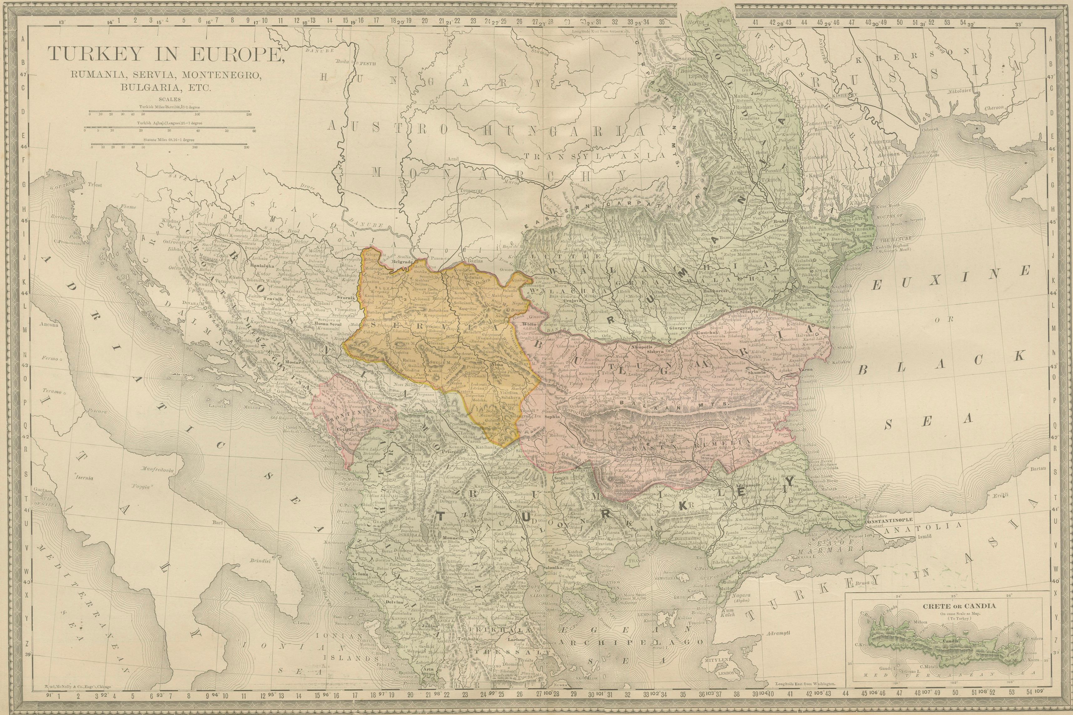 Turkey in Europe Map – Balkans, Rumelia, Serbia, Bulgaria, Rand McNally, ca.1888