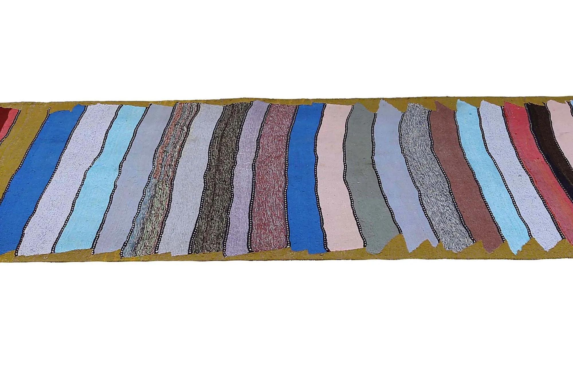 Vibrant Pathways: Handwoven Turkish Kilim Runner Rug with Eclectic Stripes
Enliven your home with the spirited charm of this captivating Turkish Kilim runner rug, a handwoven masterpiece that bursts with color and authentic character. Far more than