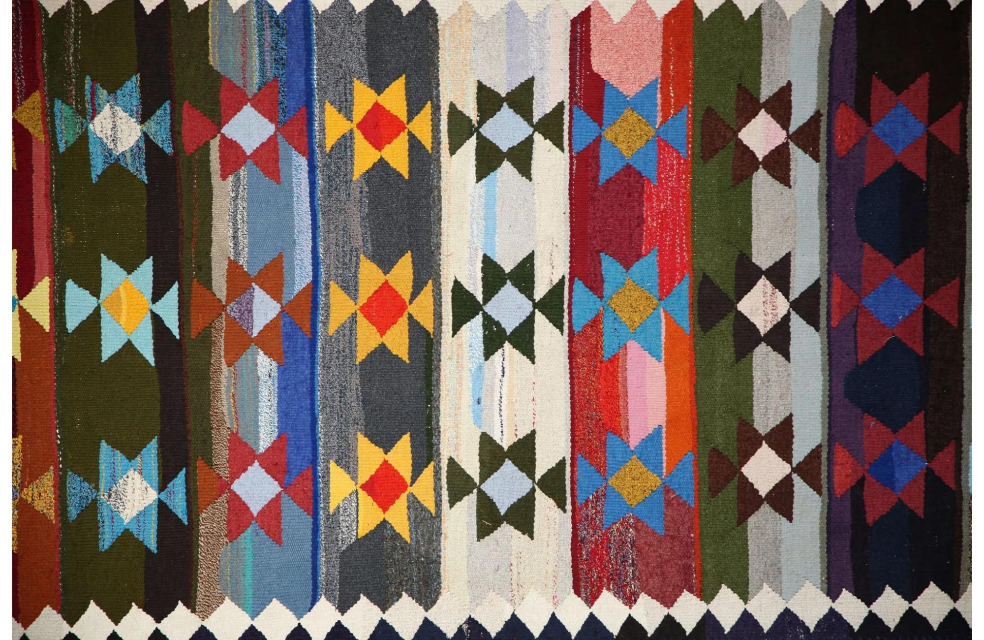 A Gallery of Patterns: The Dynamic Turkish Kilim Area Rug

Step into a world of vibrant artistry and profound heritage with this truly exceptional Turkish Kilim Area Rug. Handwoven by skilled artisans in Turkey, this piece is a living mosaic of