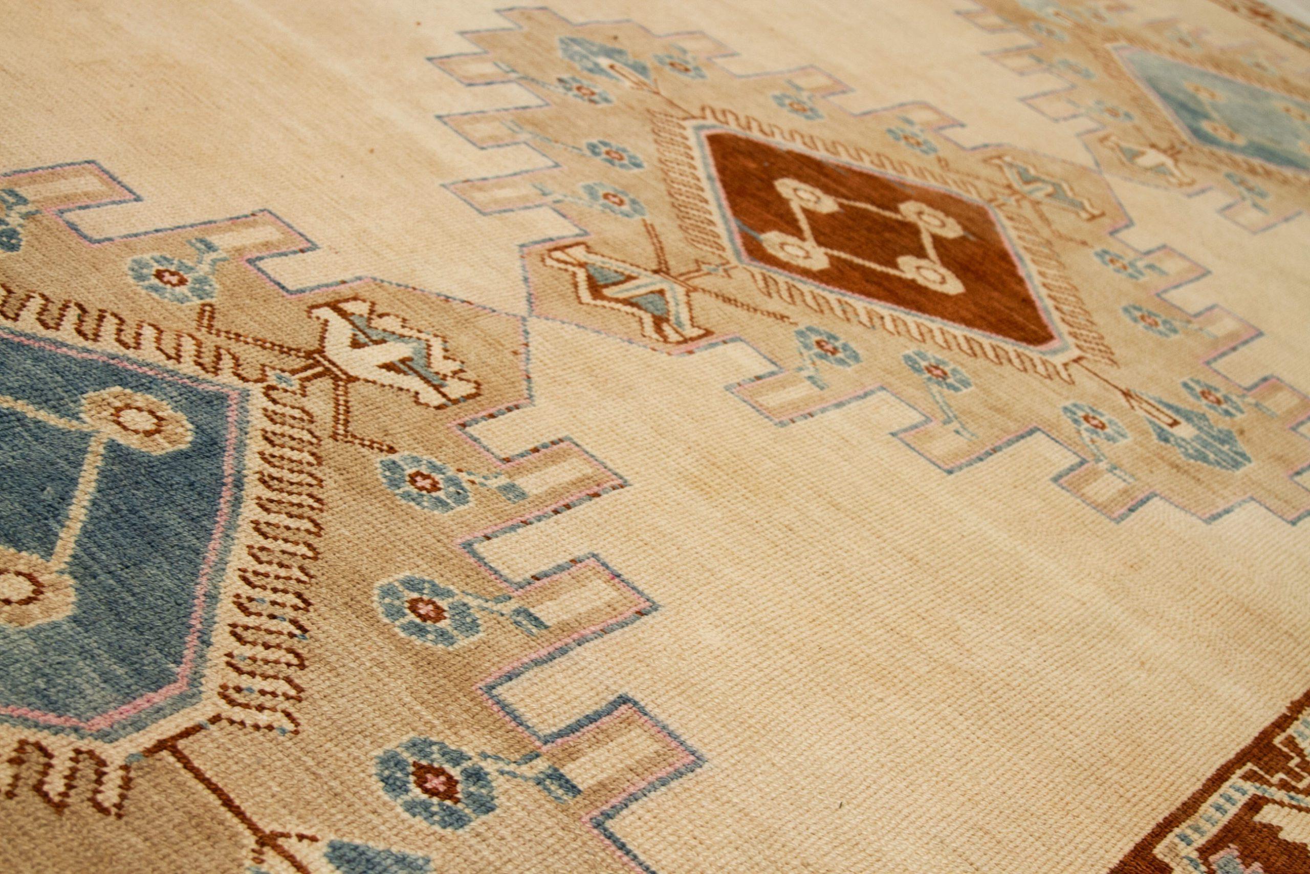Turkish Turkey Kula Area Rugs - Wool Blue Brown Ivory Design - 92747 For Sale