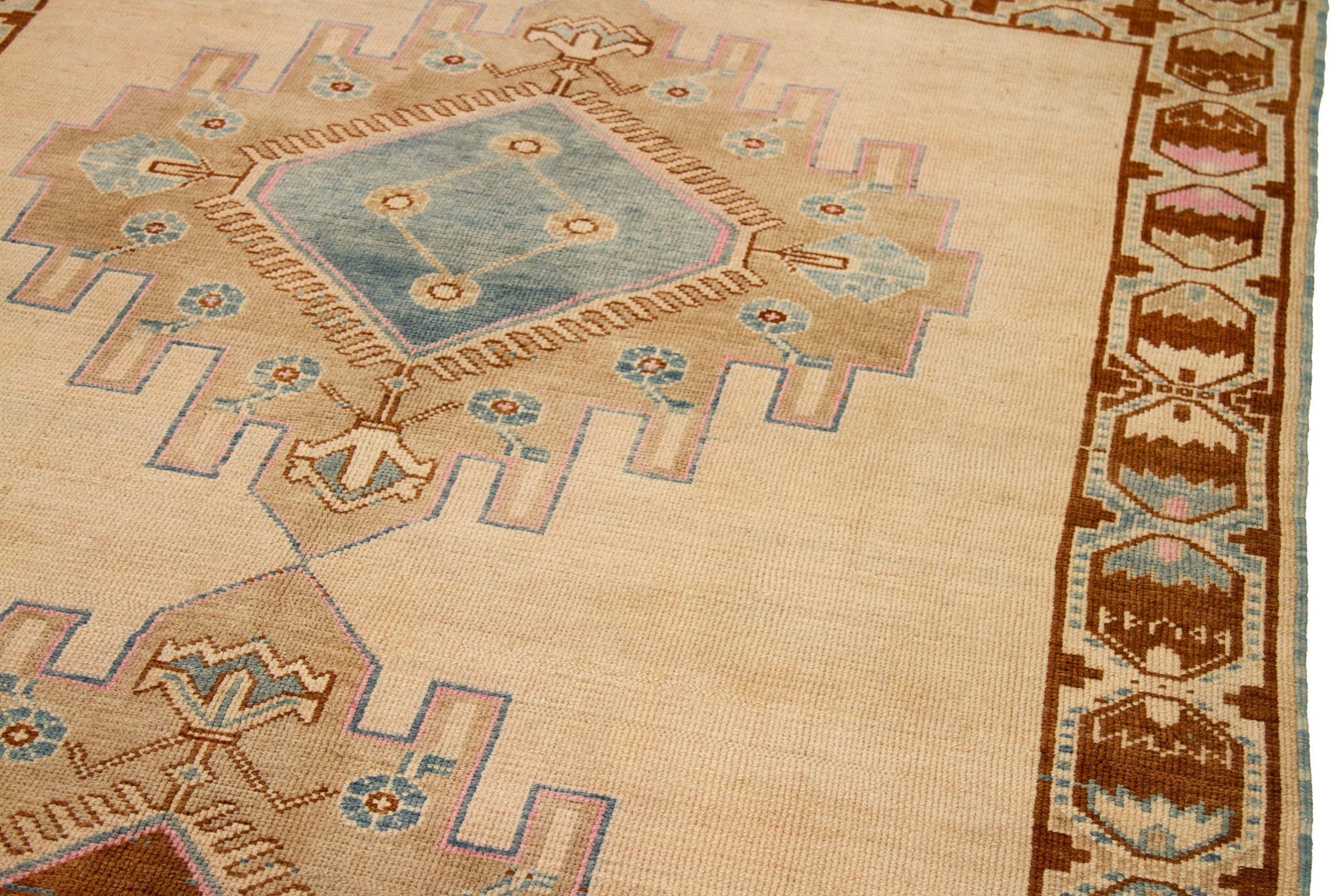 20th Century Turkey Kula Area Rugs - Wool Blue Brown Ivory Design - 92747 For Sale