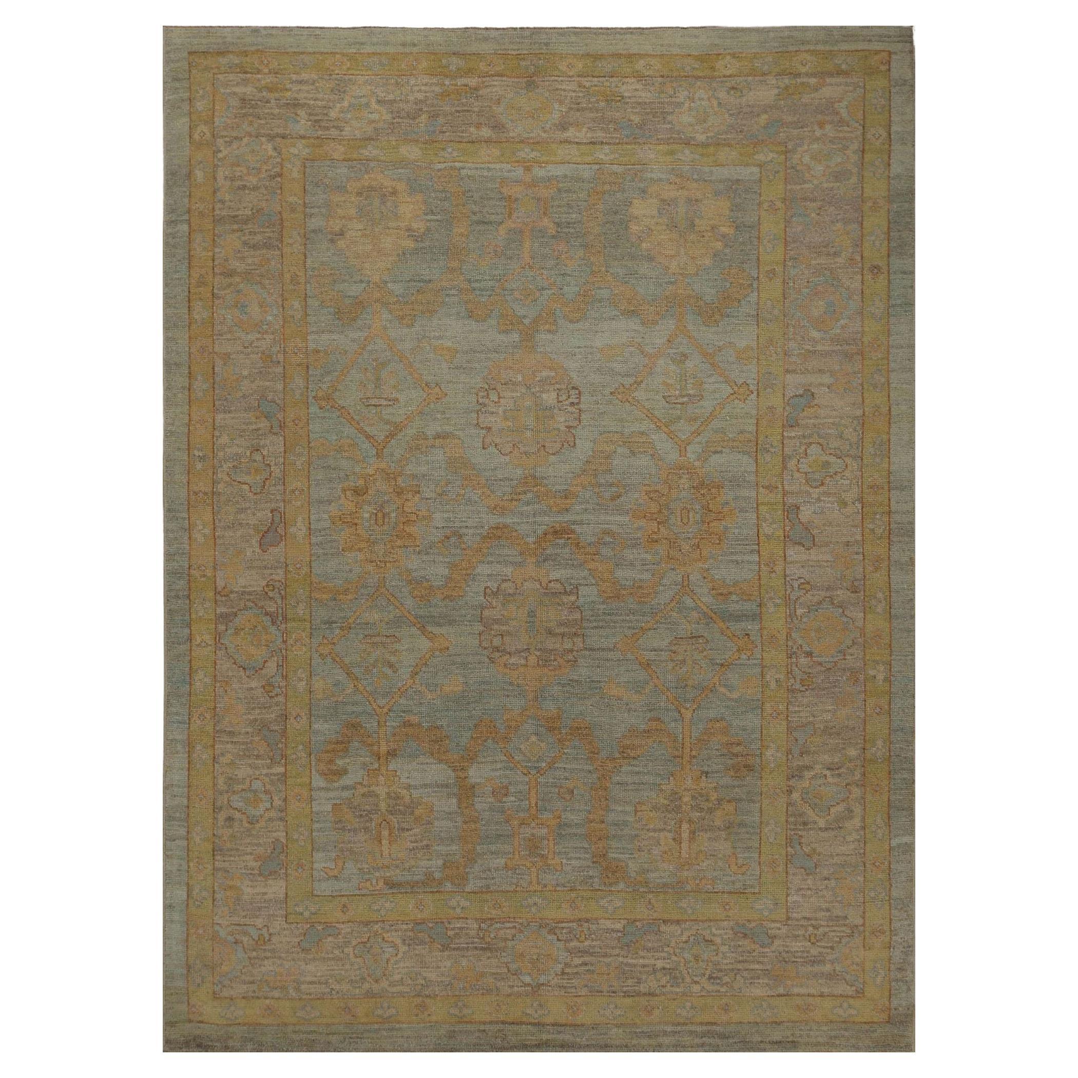 Turkey Oushak Area Rugs - Wool Blue Yellow Design - 95970 For Sale