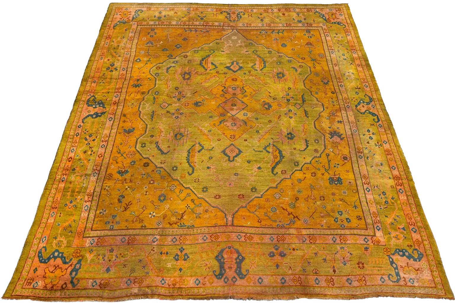 Turkish Turkey Over Size Rug Circa 1910 - Oushak Design  Green Orange For Sale