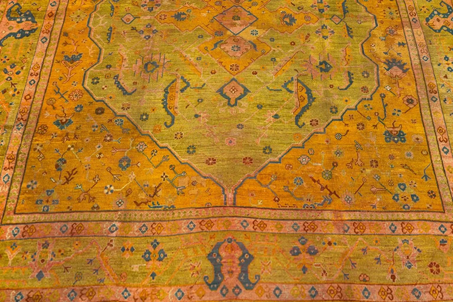 Turkey Over Size Rug Circa 1910 - Oushak Design  Green Orange In Excellent Condition For Sale In Dallas, TX