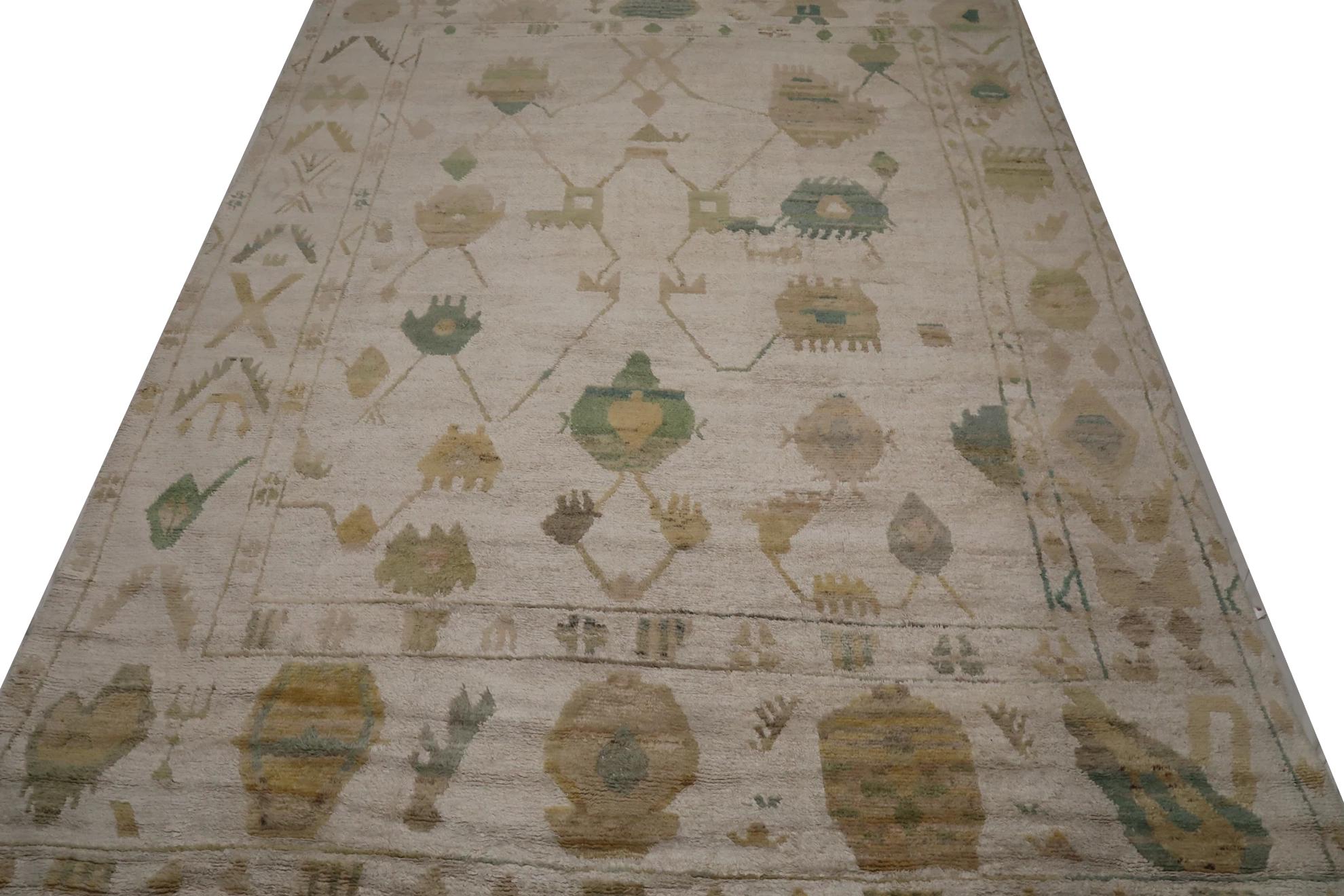 Türkei Oushak Over Size Teppich - Wolle Grün Elfenbein Gelb Design - 99600 (Handgeknüpft) im Angebot