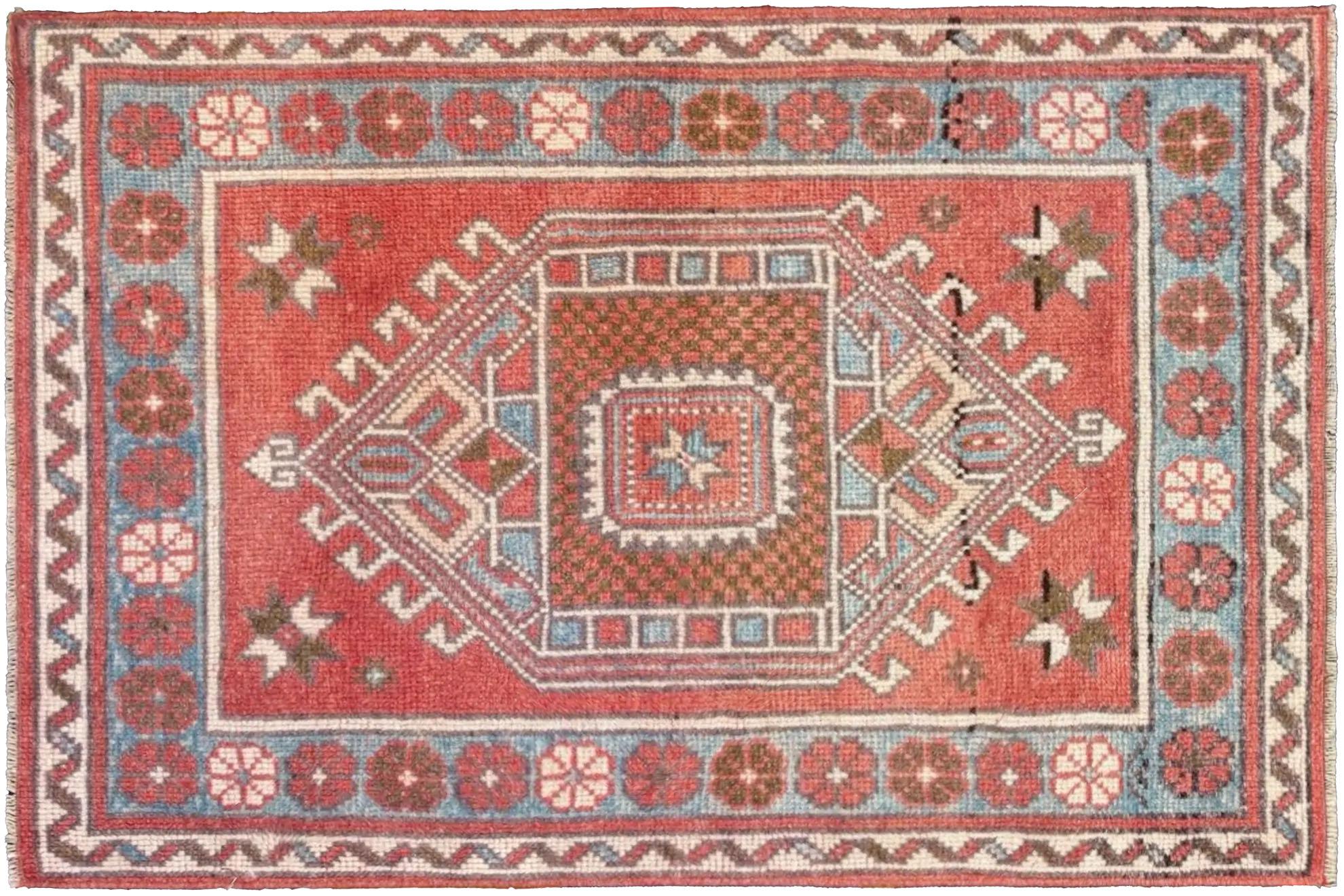 Tribal Turkey Small Rug - Red Blue Ivory - Geometric Design For Sale
