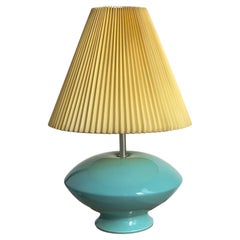 Turkis glazed ceramic table lamp, yellow plisse shade, by Søholm Denmark 1970s