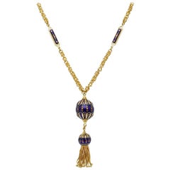 Vintage Turkish 18 Karat Yellow Gold and Blue Enamel Tassel Necklace