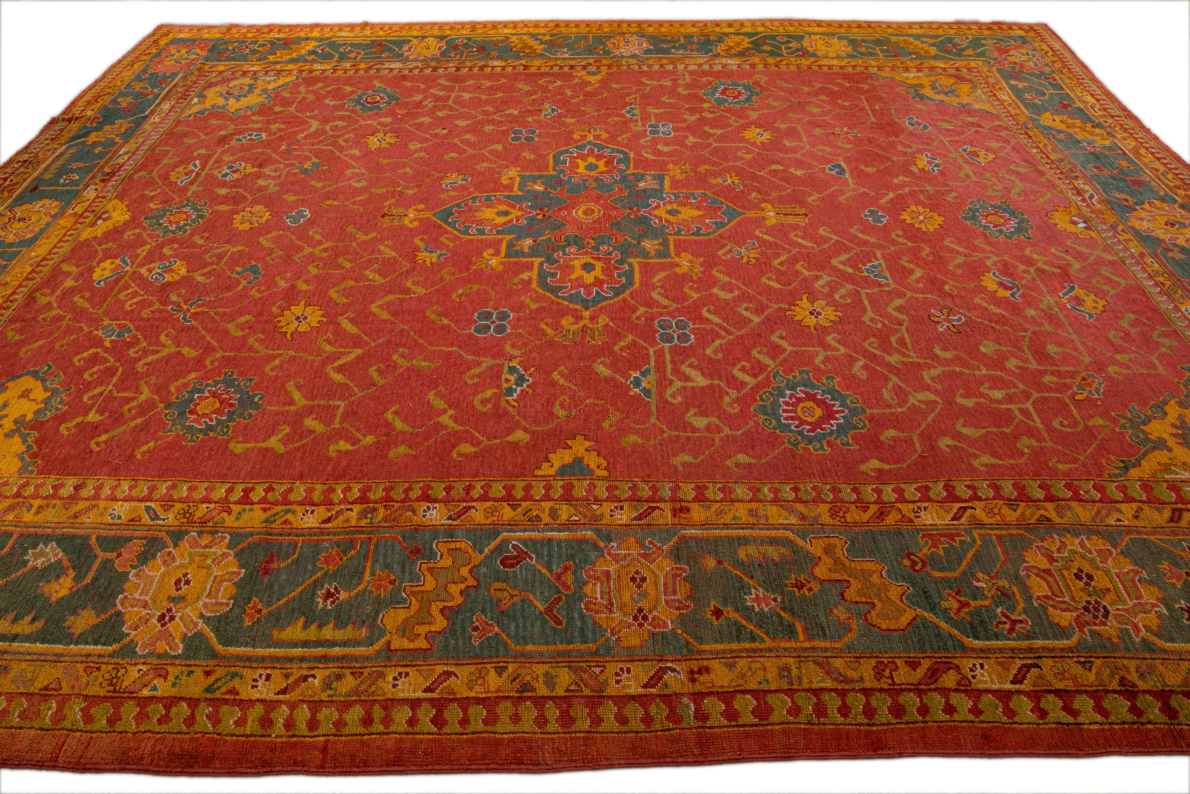 Turkish 1880s Oushak Red Wool Rug Handmade with Allover Floral Motif In Excellent Condition For Sale In Norwalk, CT