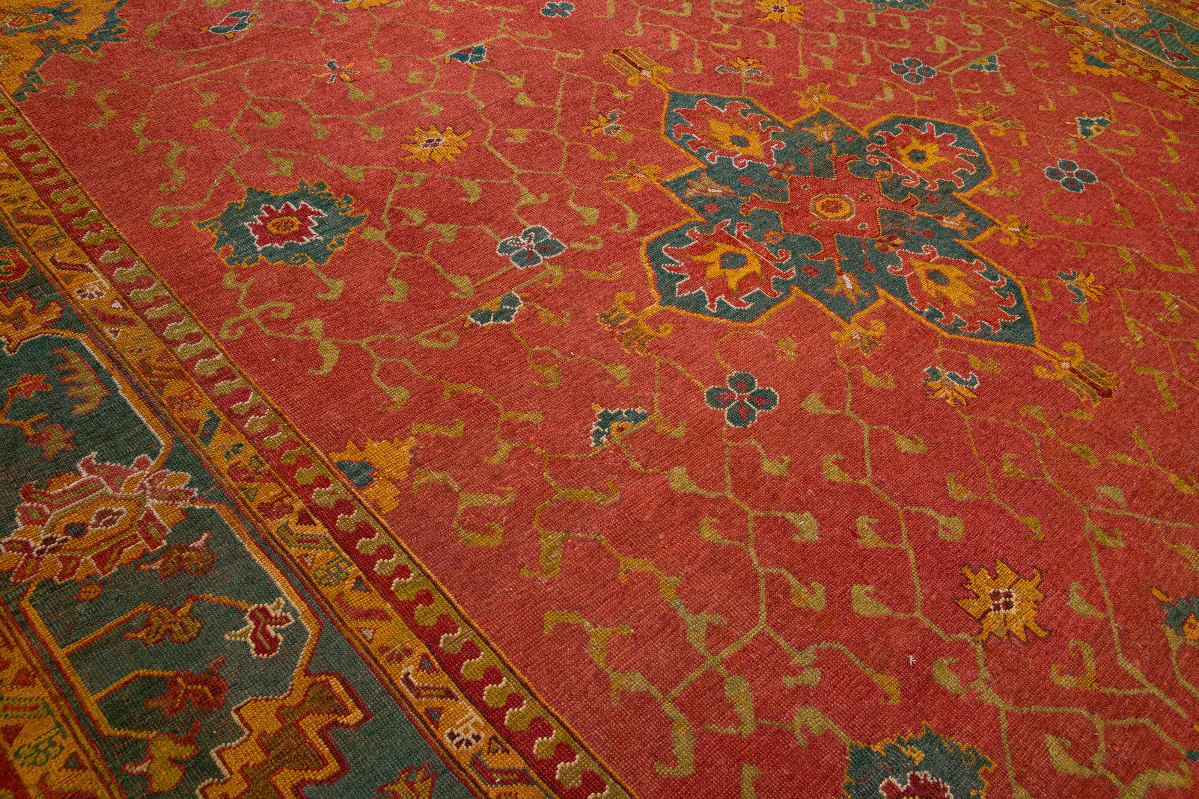 Late 19th Century Turkish 1880s Oushak Red Wool Rug Handmade with Allover Floral Motif For Sale