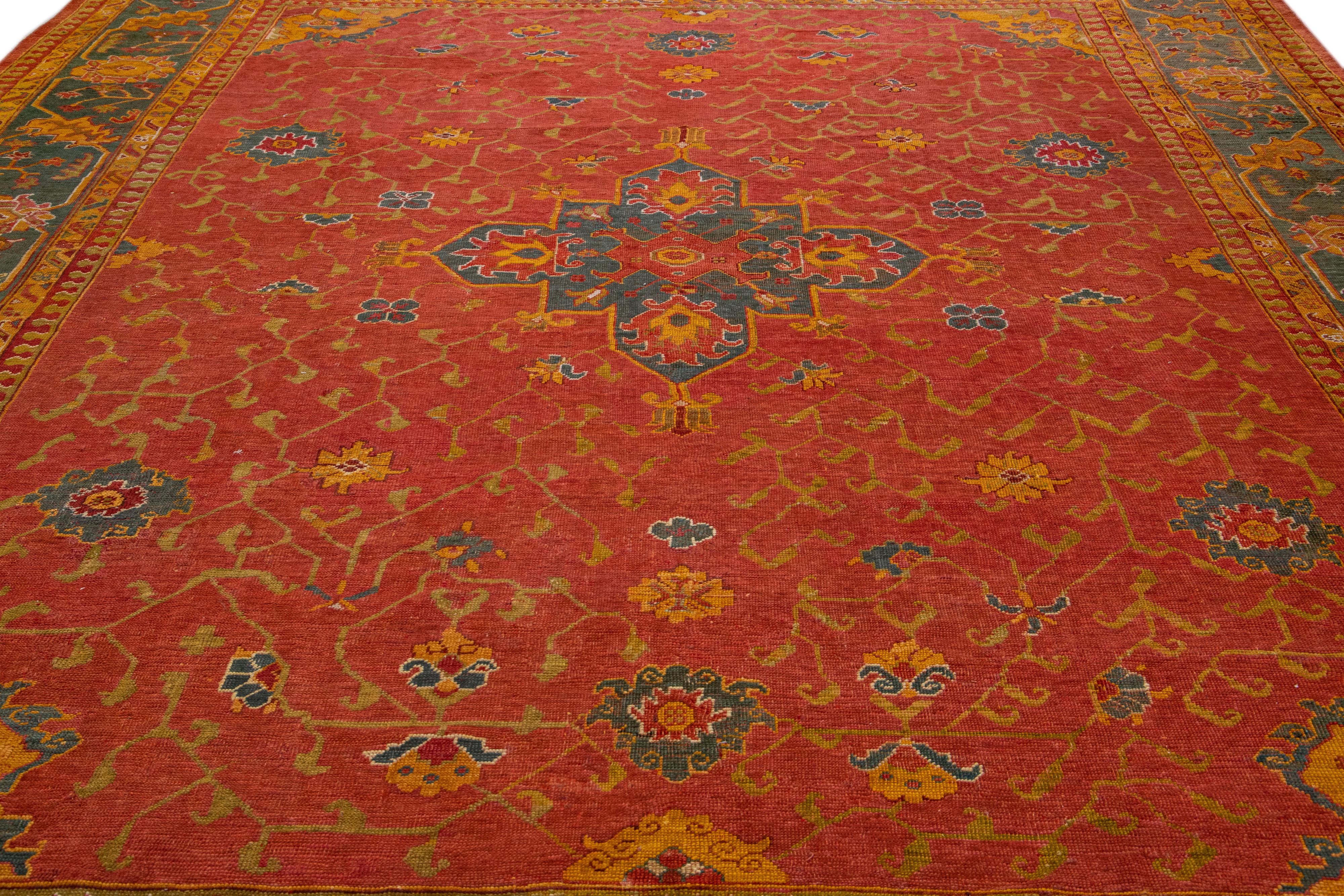 Turkish 1880s Oushak Red Wool Rug Handmade with Allover Floral Motif For Sale 1