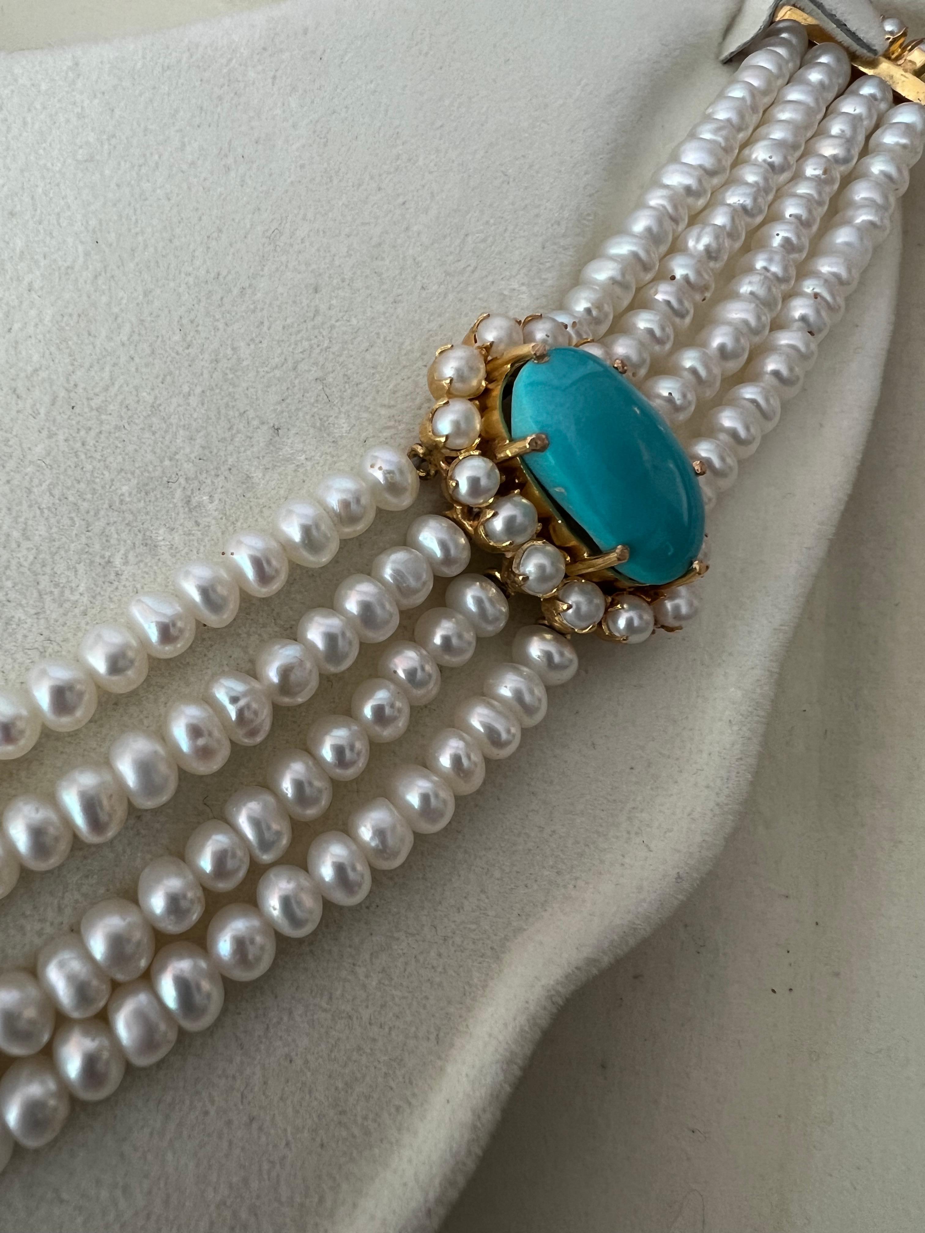 Byzantine Turkish 18k Gold Turquoise, Pearl Necklace & Earrings Set  For Sale