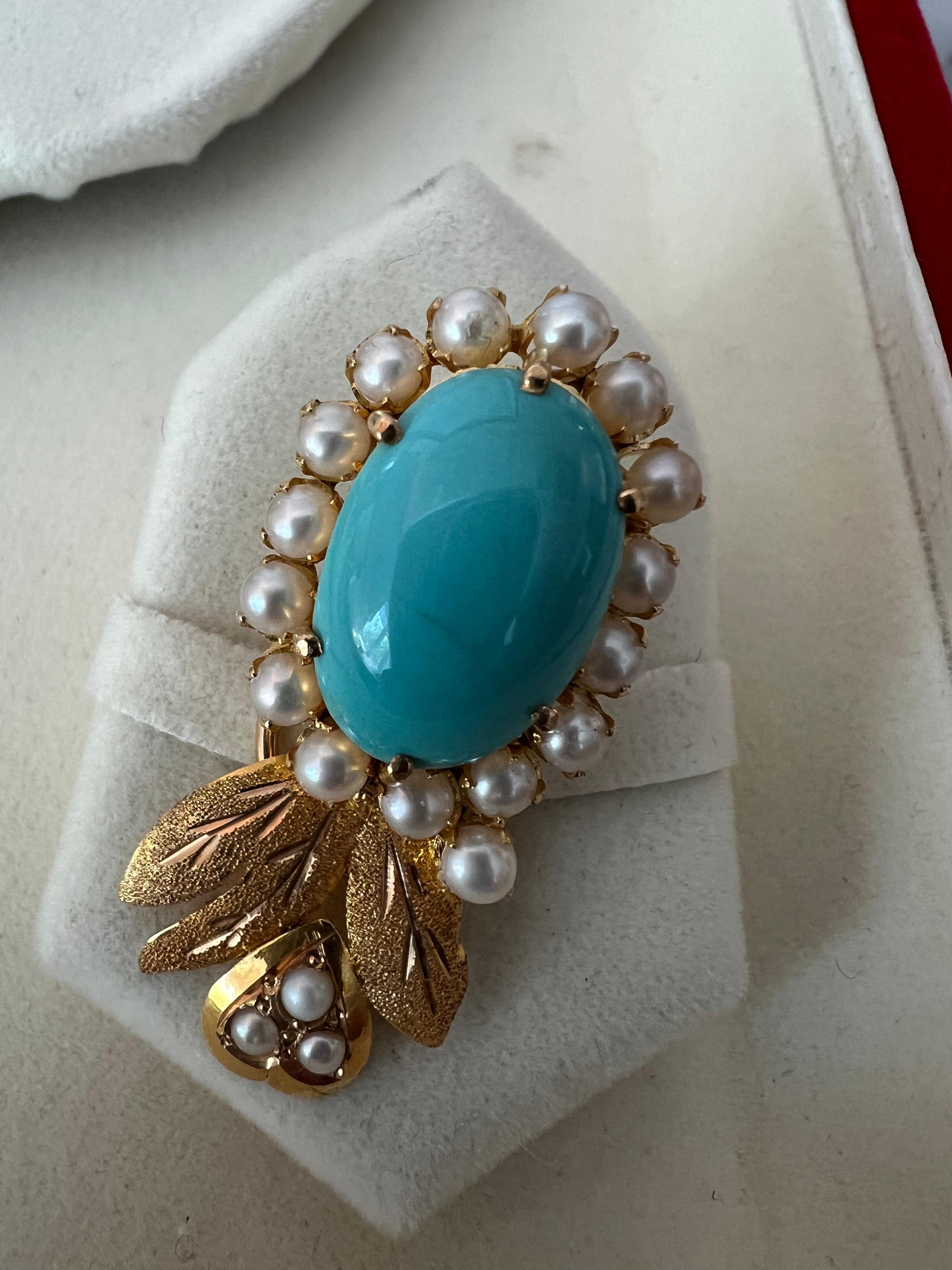 Turkish 18k Gold Turquoise, Pearl Necklace & Earrings Set  In Good Condition For Sale In Aliso Viejo, CA