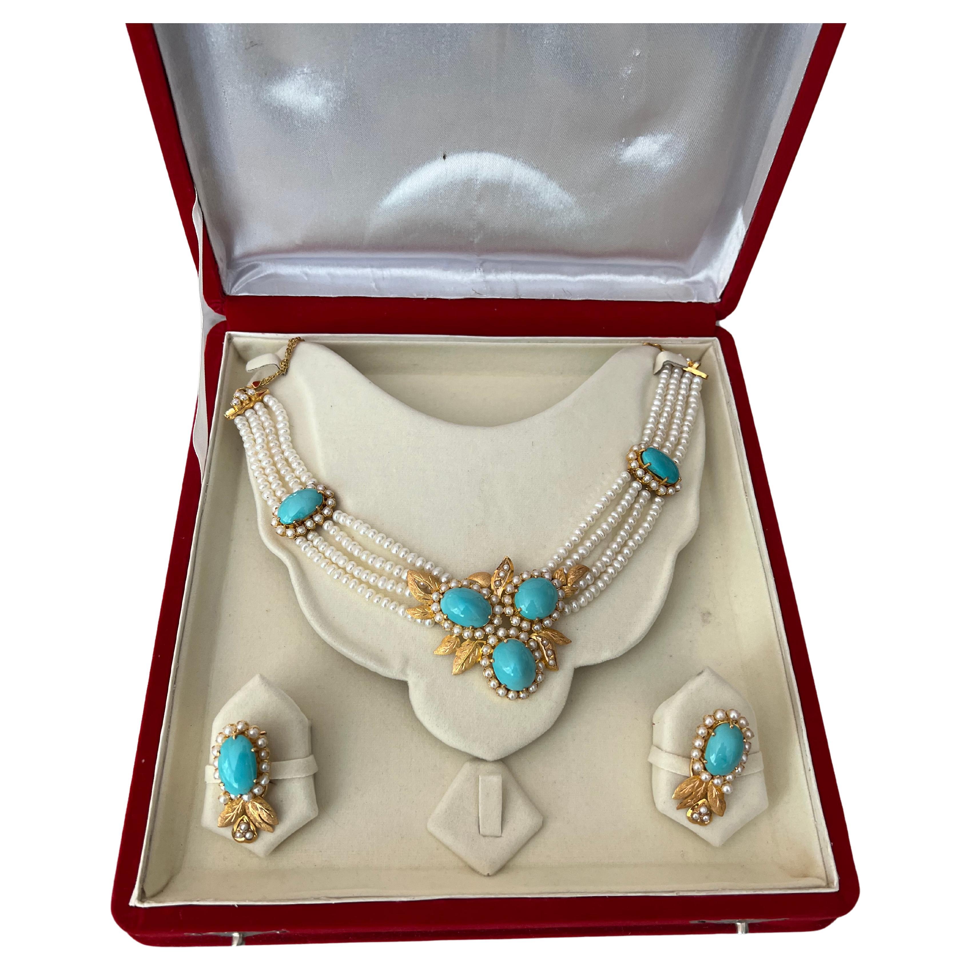 Turkish 18k Gold Turquoise, Pearl Necklace & Earrings Set  For Sale
