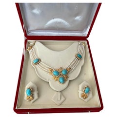 Retro Turkish 18k Gold Turquoise, Pearl Necklace & Earrings Set 