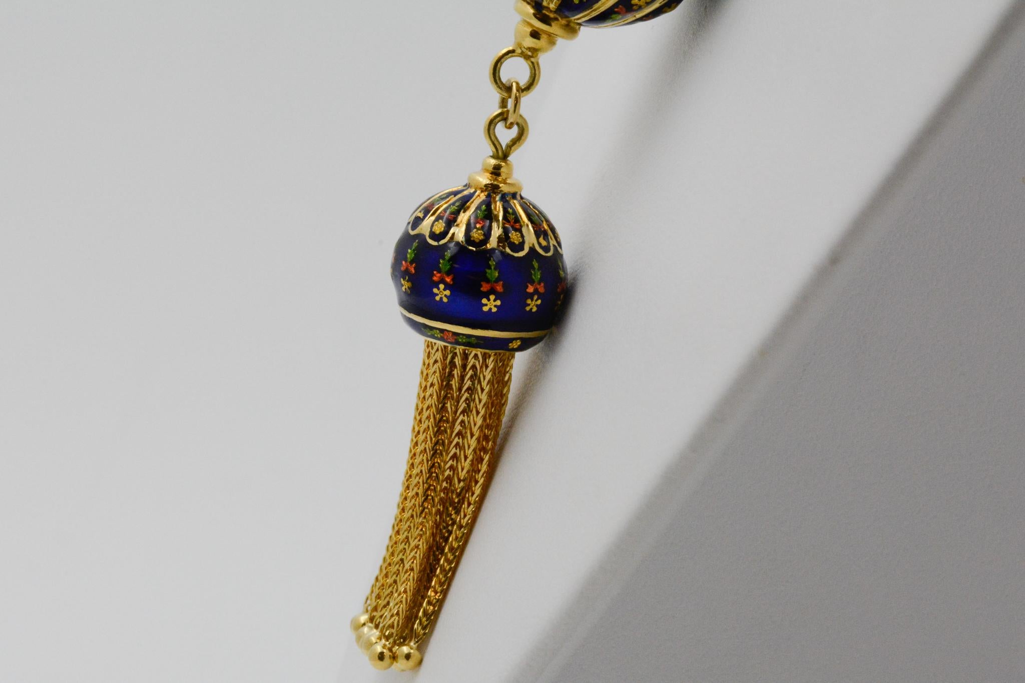 Retro Turkish 18 Karat Yellow Gold and Blue Enamel Tassel Necklace