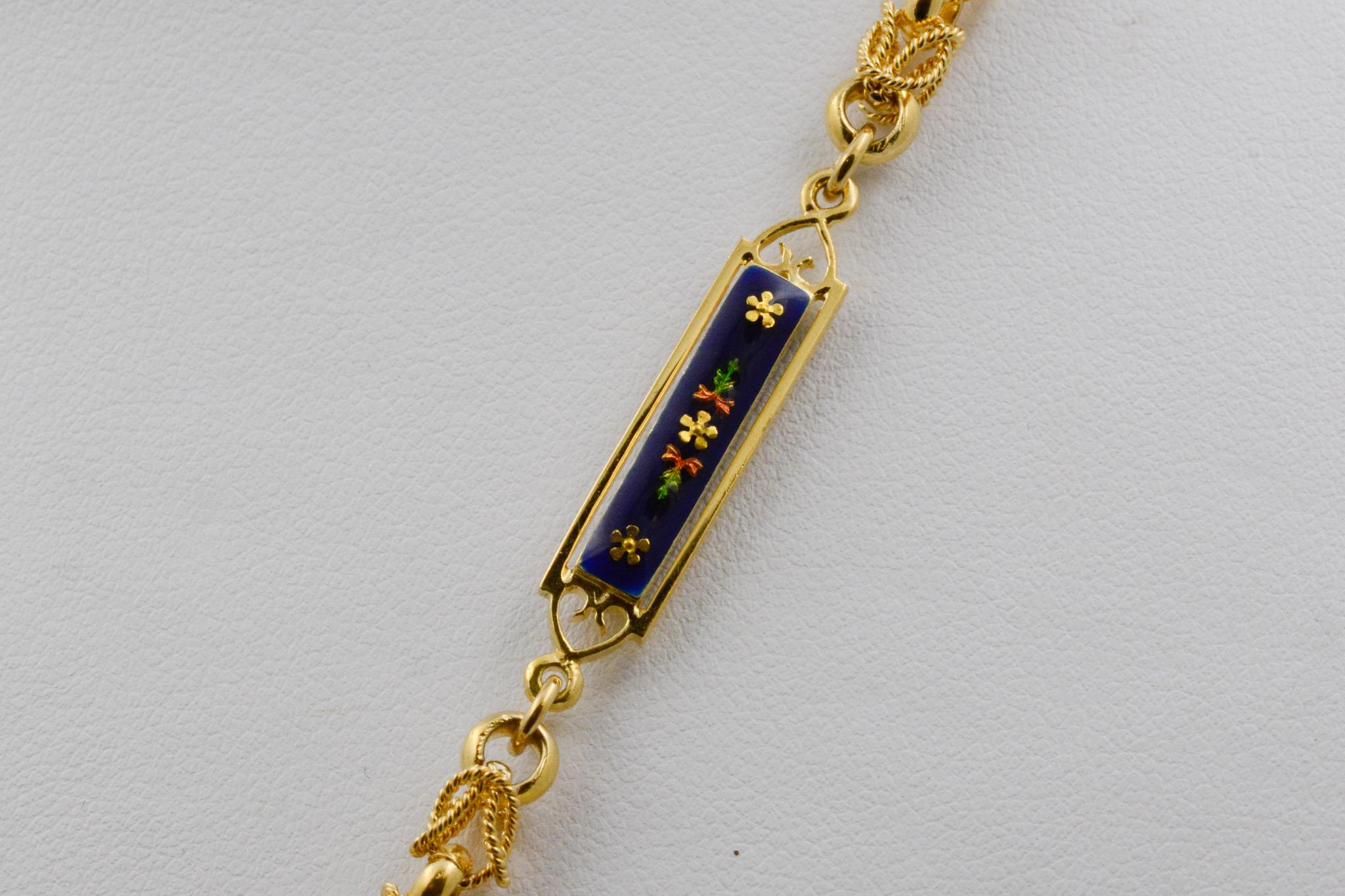Turkish 18 Karat Yellow Gold and Blue Enamel Tassel Necklace In Good Condition In Dallas, TX