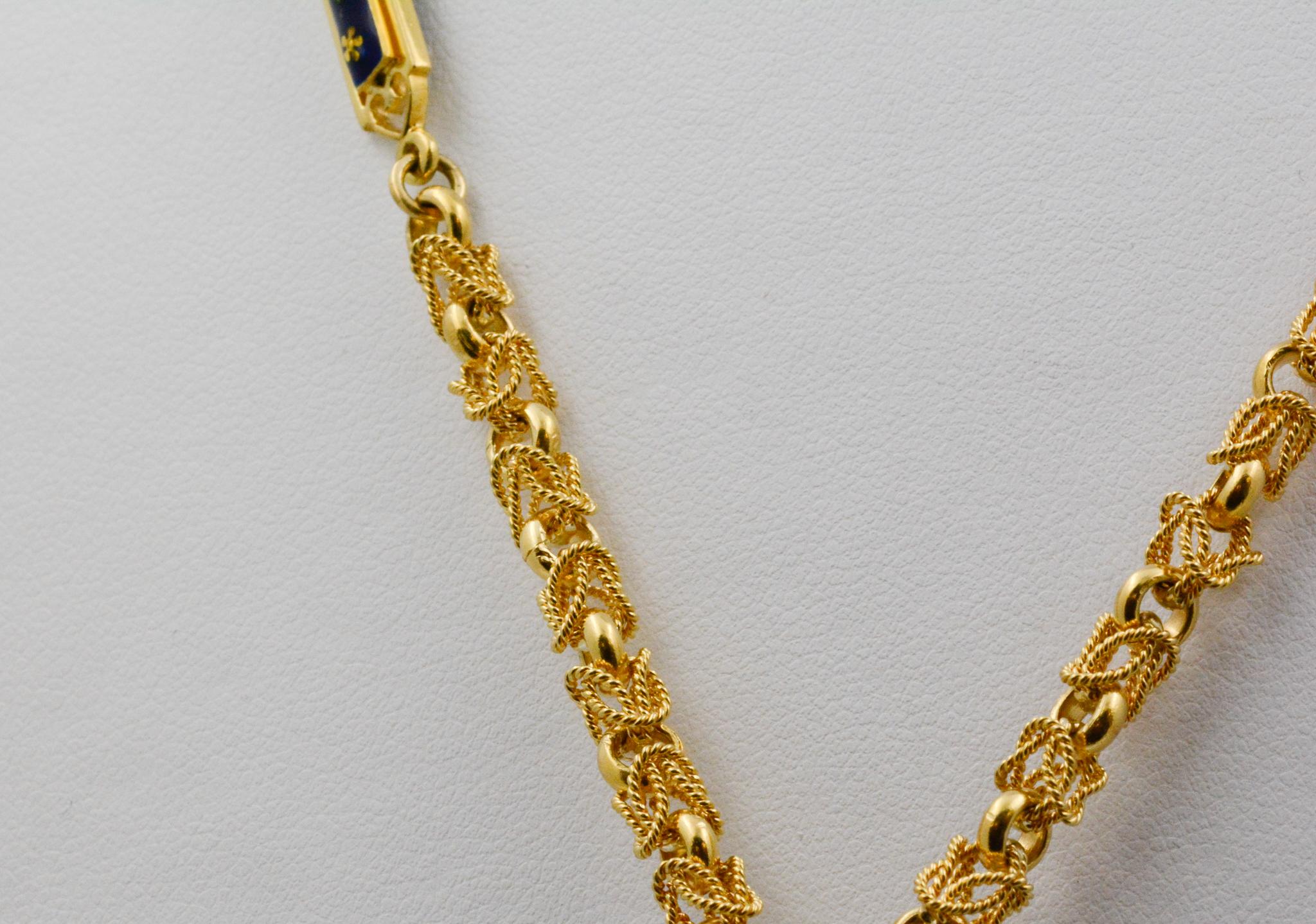 Women's Turkish 18 Karat Yellow Gold and Blue Enamel Tassel Necklace