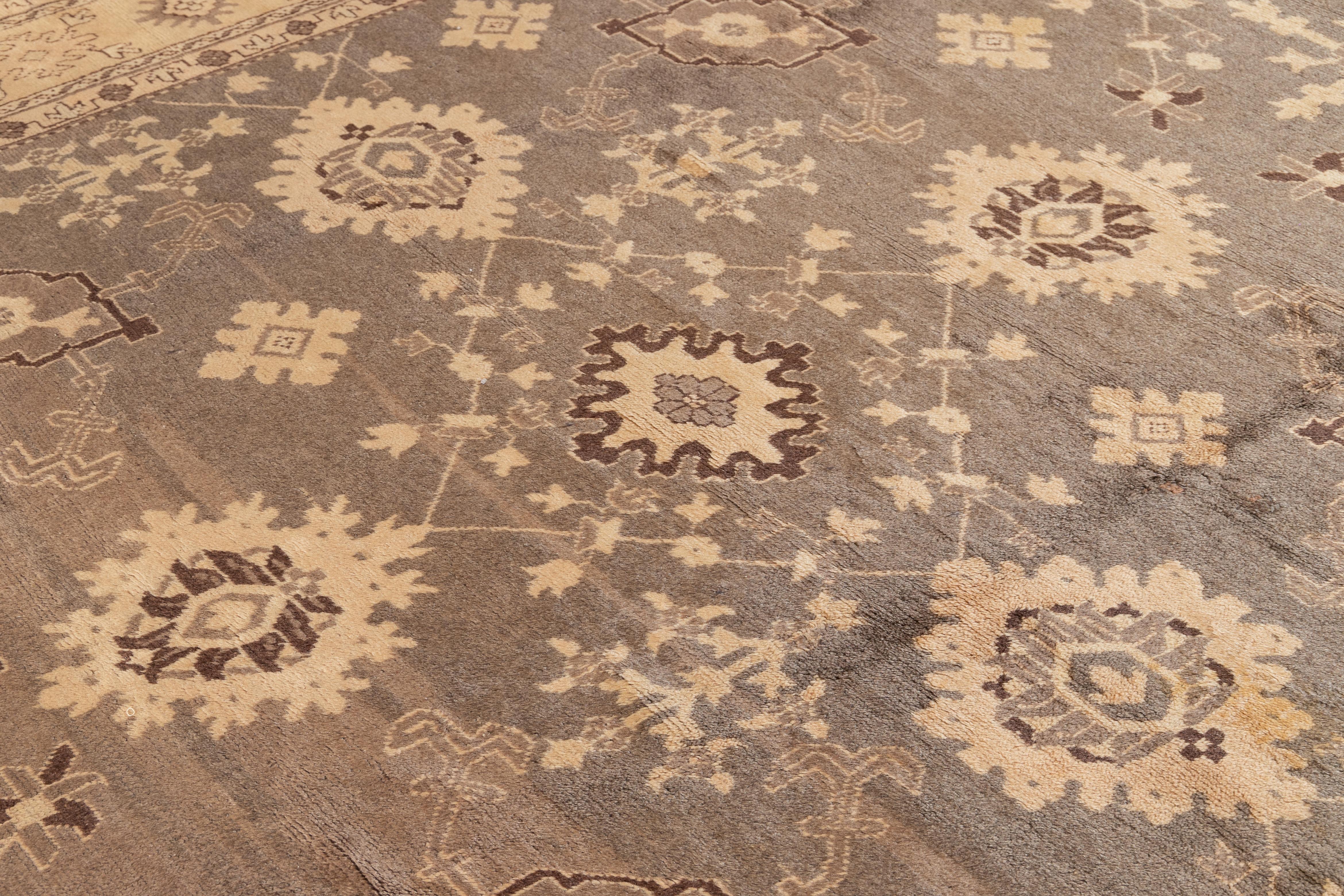 Contemporary Turkish 1900s Oushak Gray Wool Rug Handmade with Allover Floral Motif For Sale