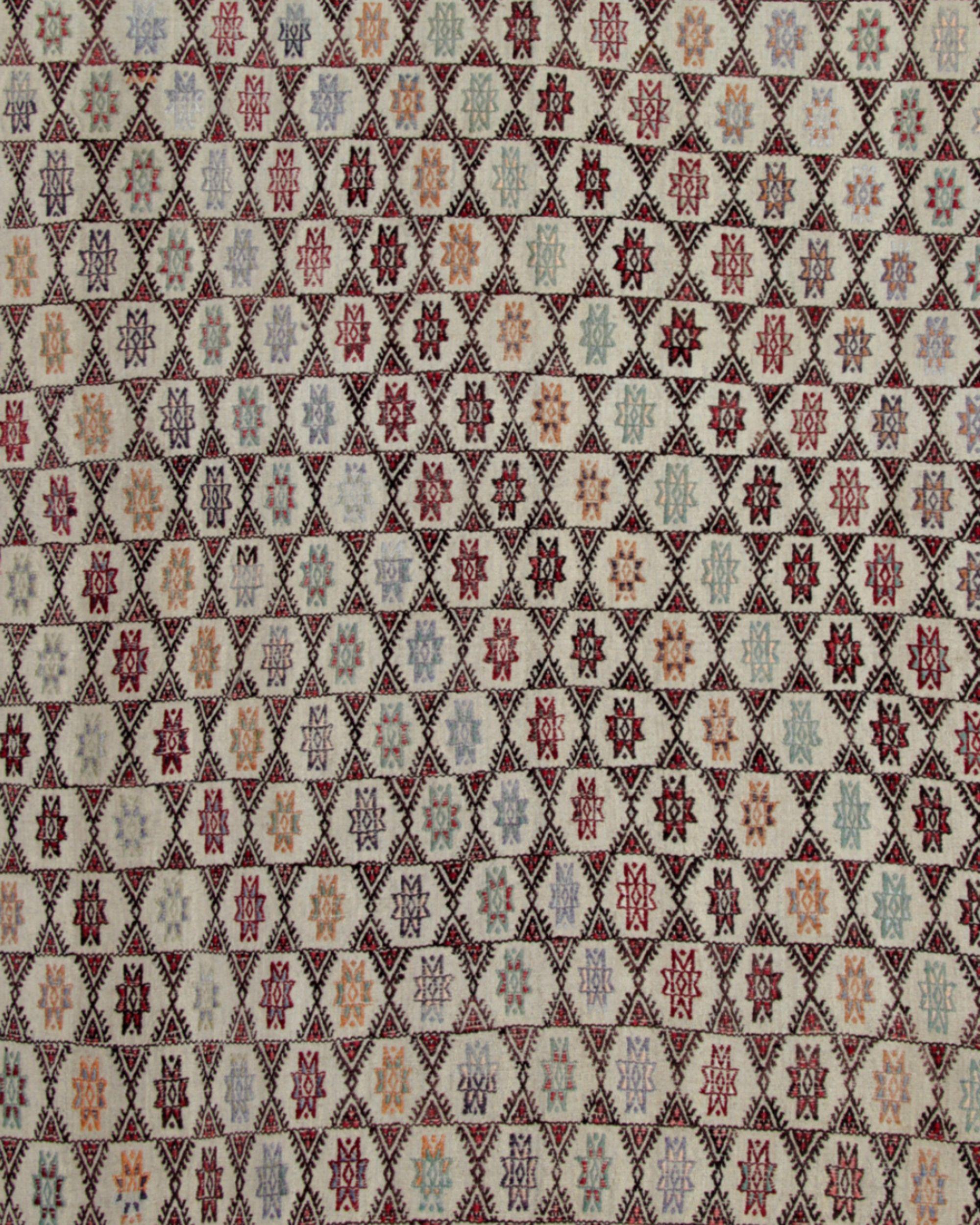 Lana Kilim turco con motivo a stella del 1910, tappeto geometrico in lana beige fatto a mano in vendita