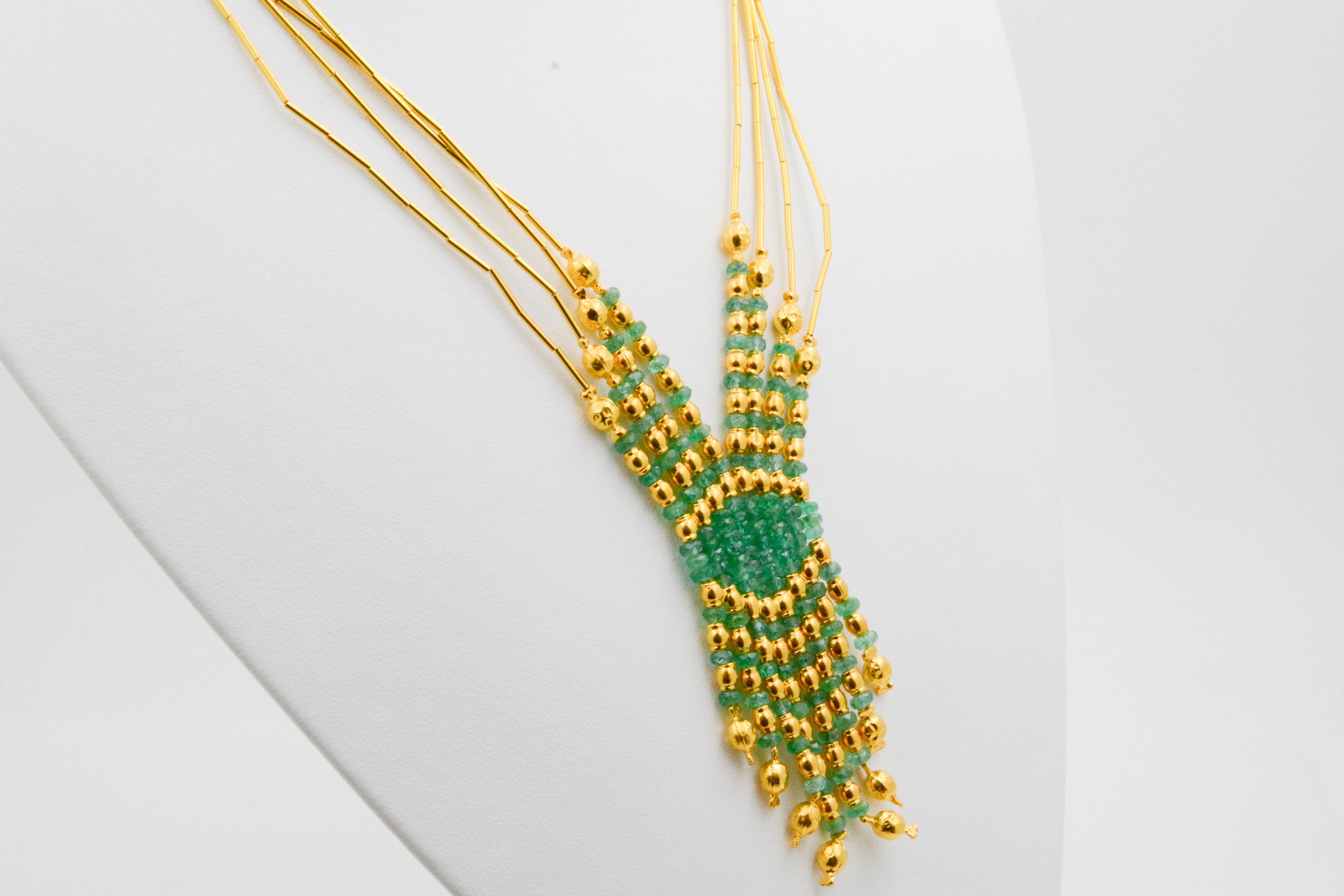 Turkish 21 Karat Yellow Gold Four-Strand Emerald Bead Necklace 2