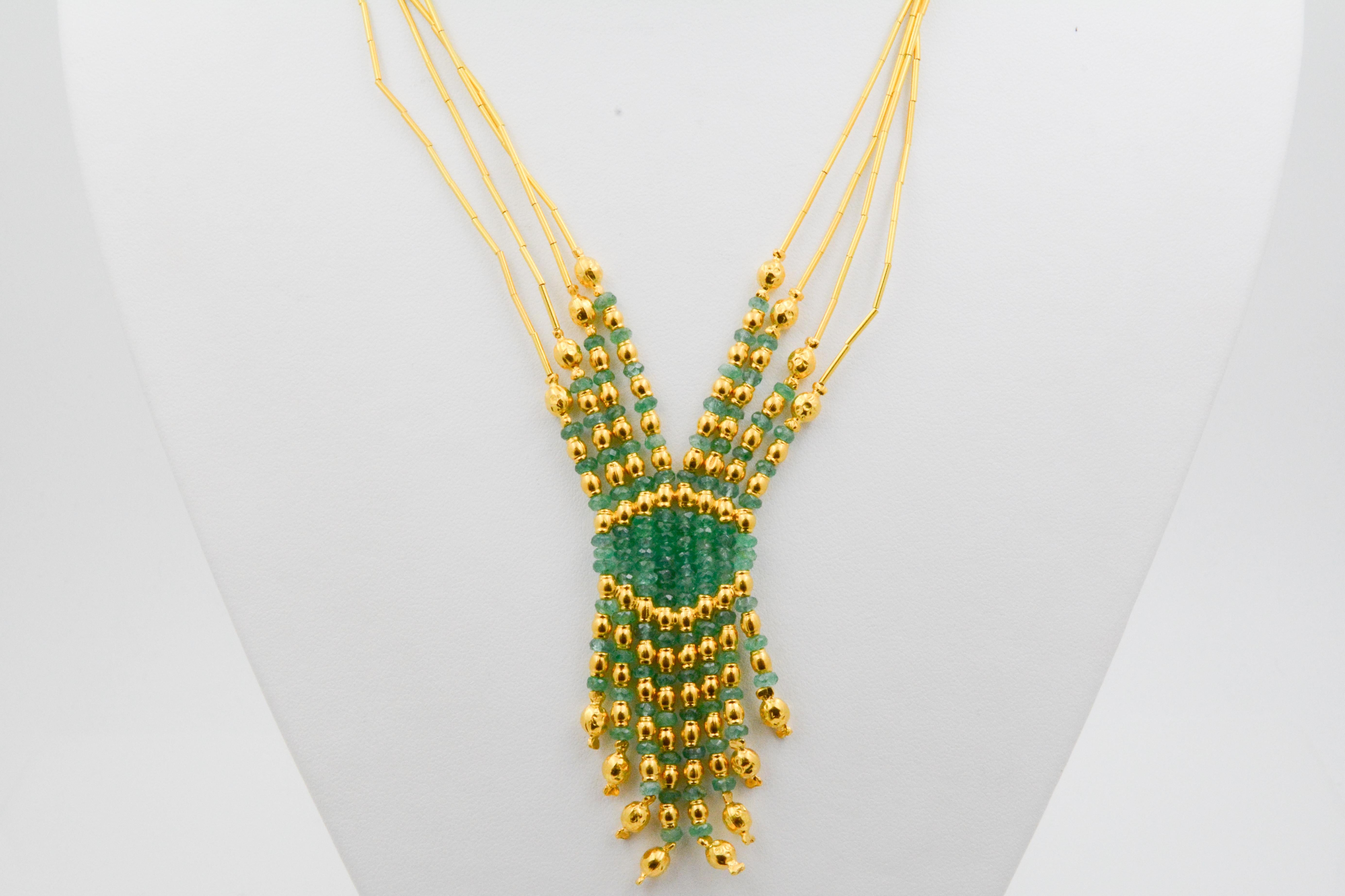 Turkish 21 Karat Yellow Gold Four-Strand Emerald Bead Necklace 3