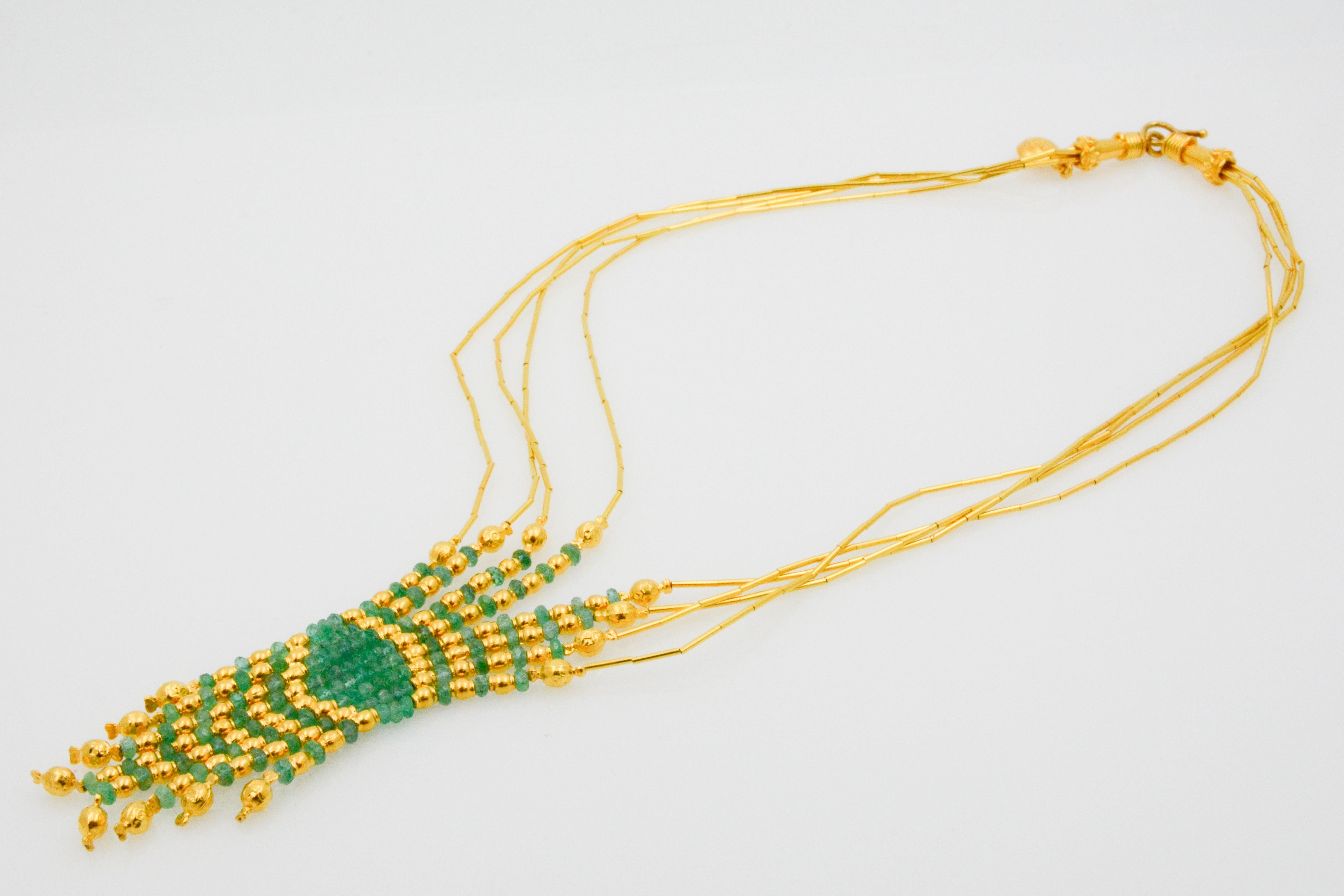 Turkish 21 Karat Yellow Gold Four-Strand Emerald Bead Necklace 4