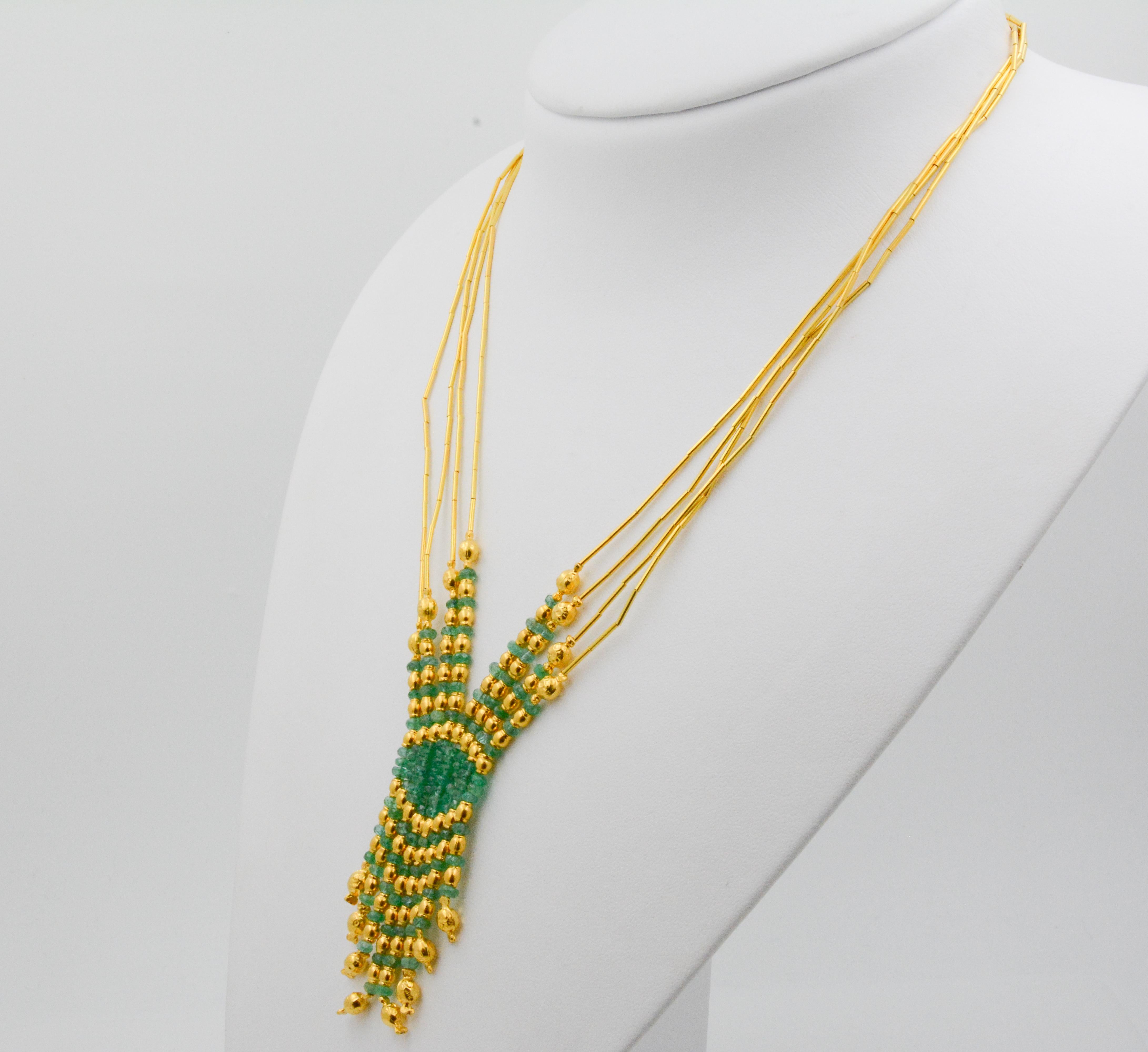 Etruscan Revival Turkish 21 Karat Yellow Gold Four-Strand Emerald Bead Necklace