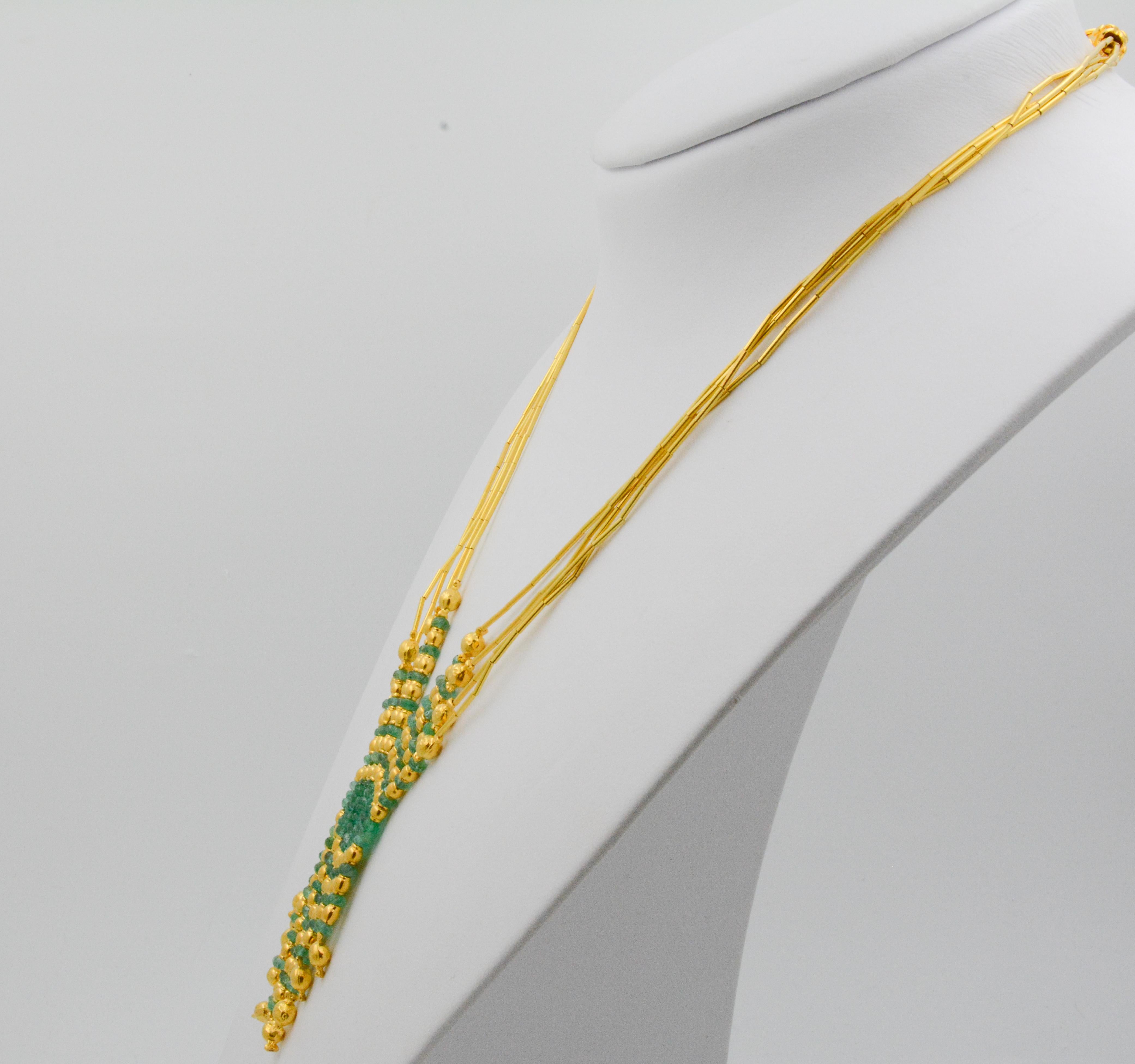 Turkish 21 Karat Yellow Gold Four-Strand Emerald Bead Necklace In Excellent Condition In Dallas, TX