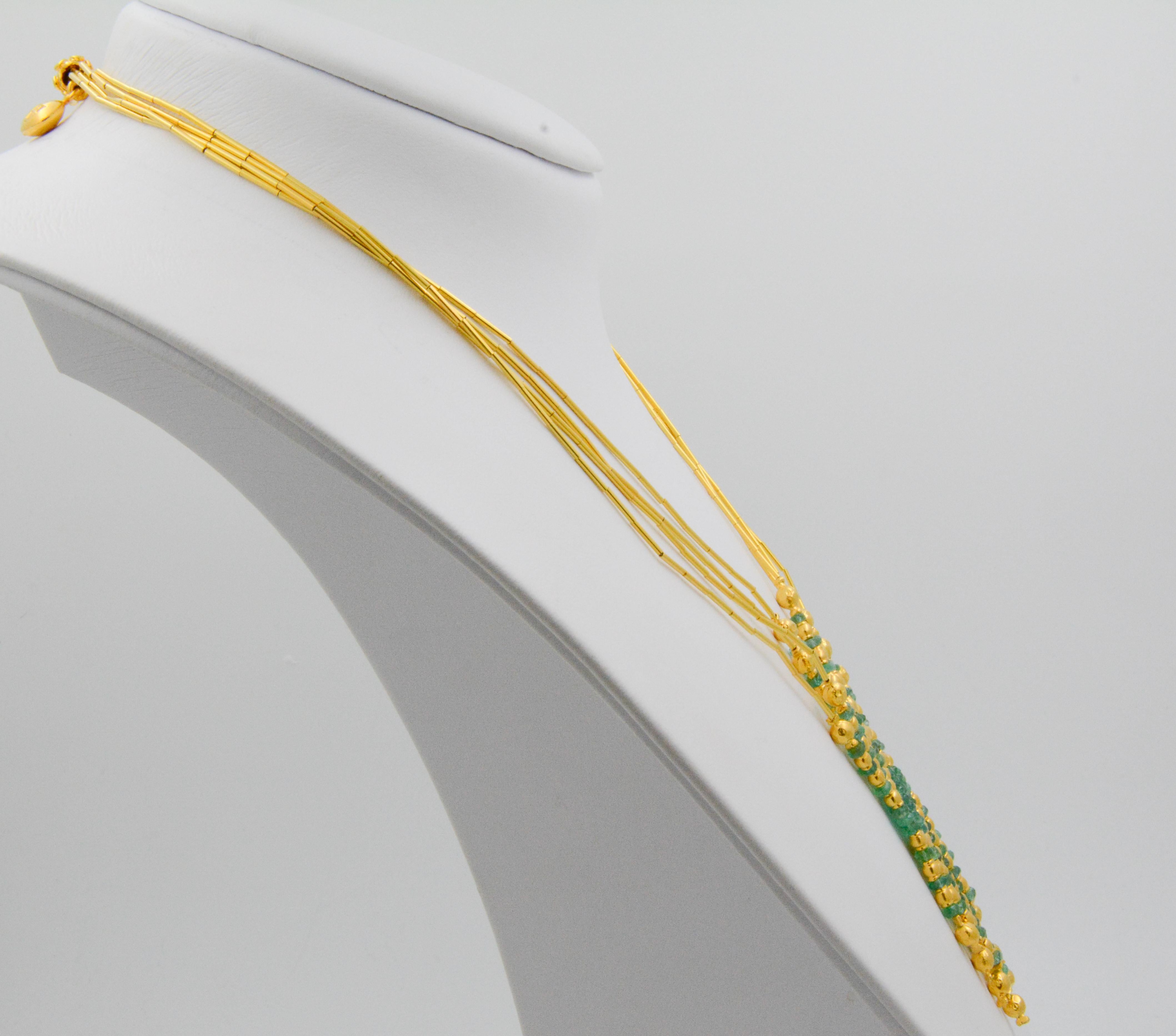 Women's Turkish 21 Karat Yellow Gold Four-Strand Emerald Bead Necklace