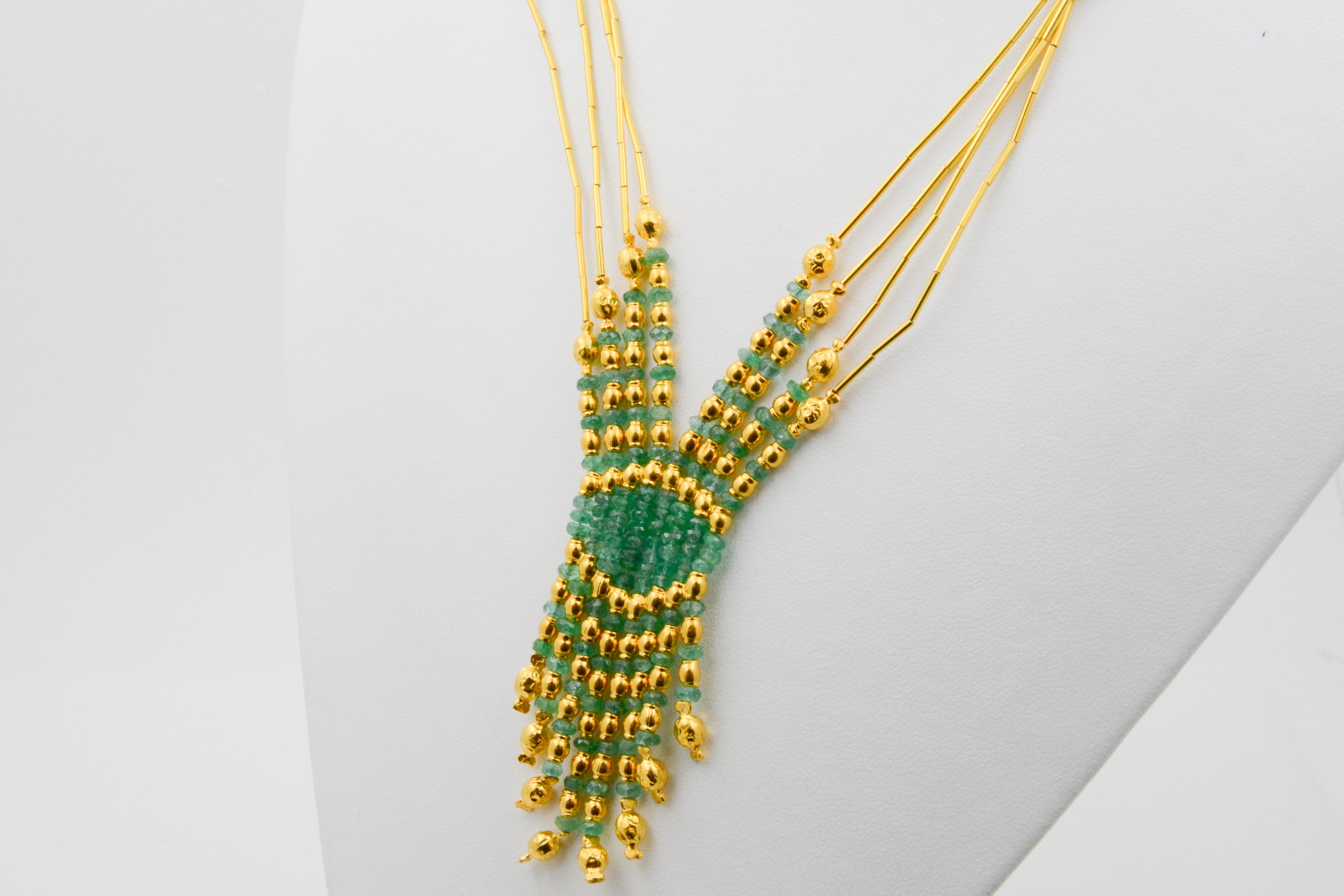 Turkish 21 Karat Yellow Gold Four-Strand Emerald Bead Necklace 1